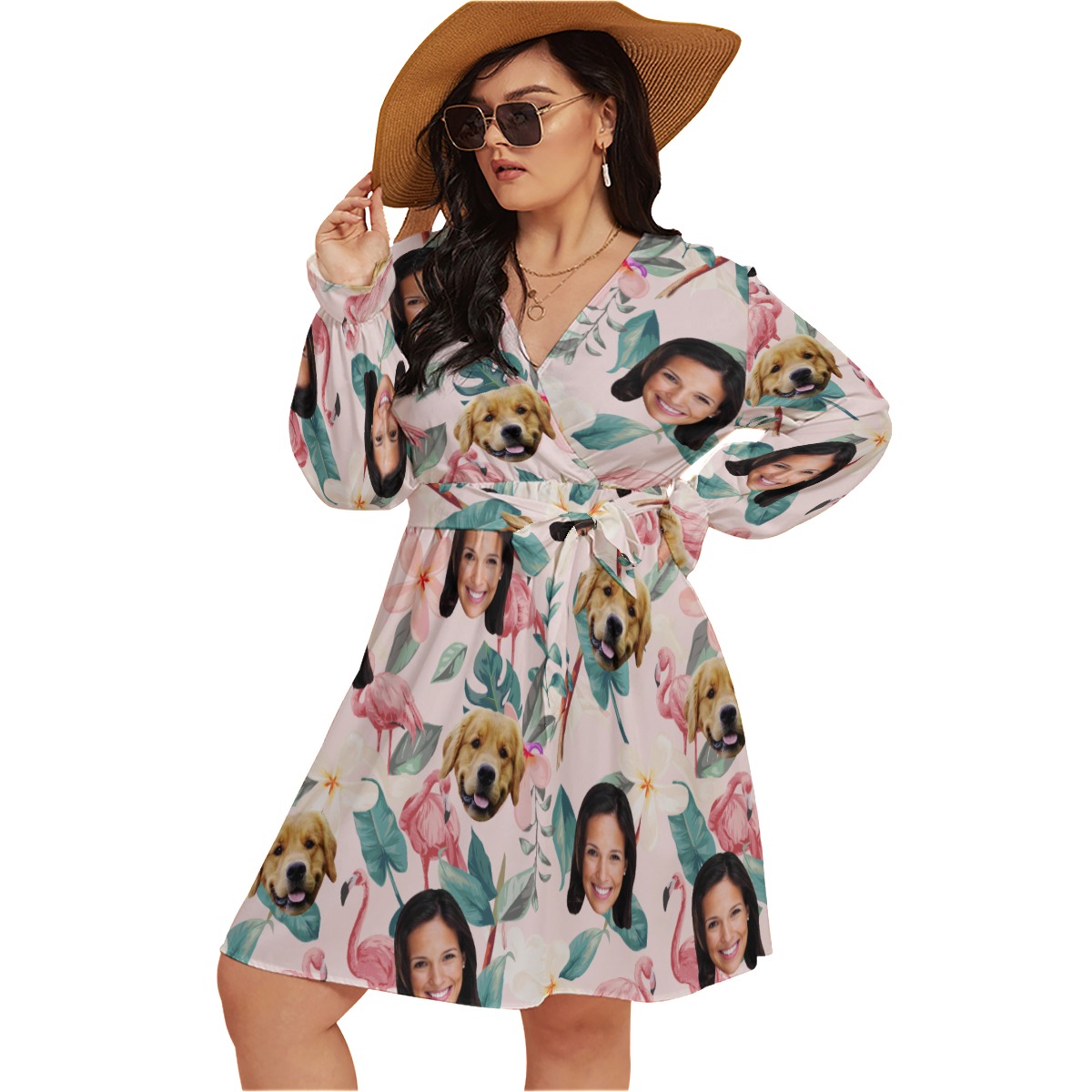 Floral Personalized With Dog Hawaiian V-neck Plus Size Dress