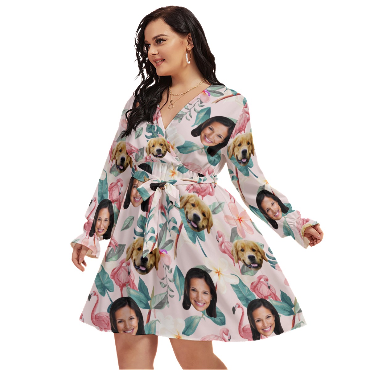 Floral Personalized With Dog Hawaiian V-neck Plus Size Dress