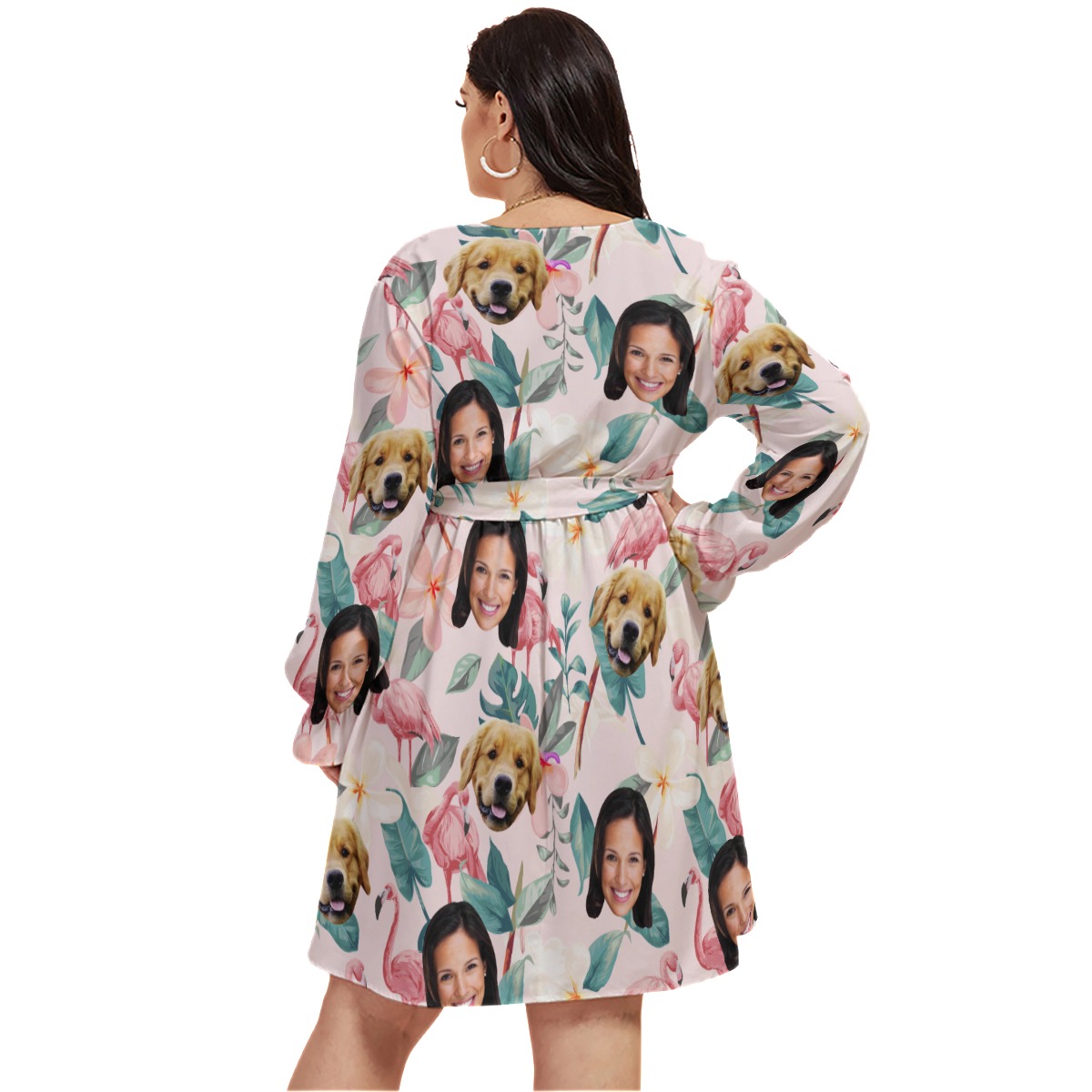 Floral Personalized With Dog Hawaiian V-neck Plus Size Dress