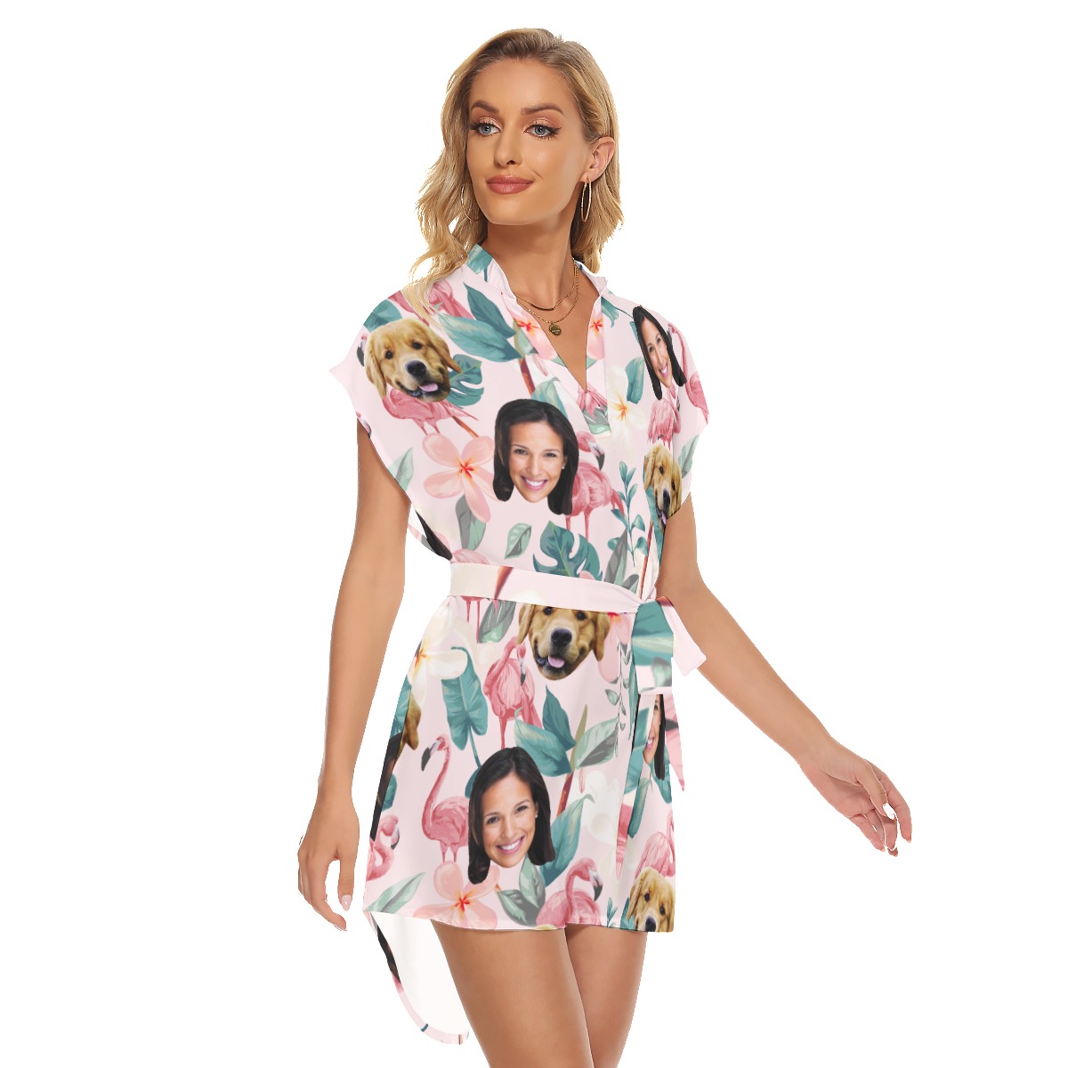 Floral Customize And Dog Hawaiian Dress With Belt For Women