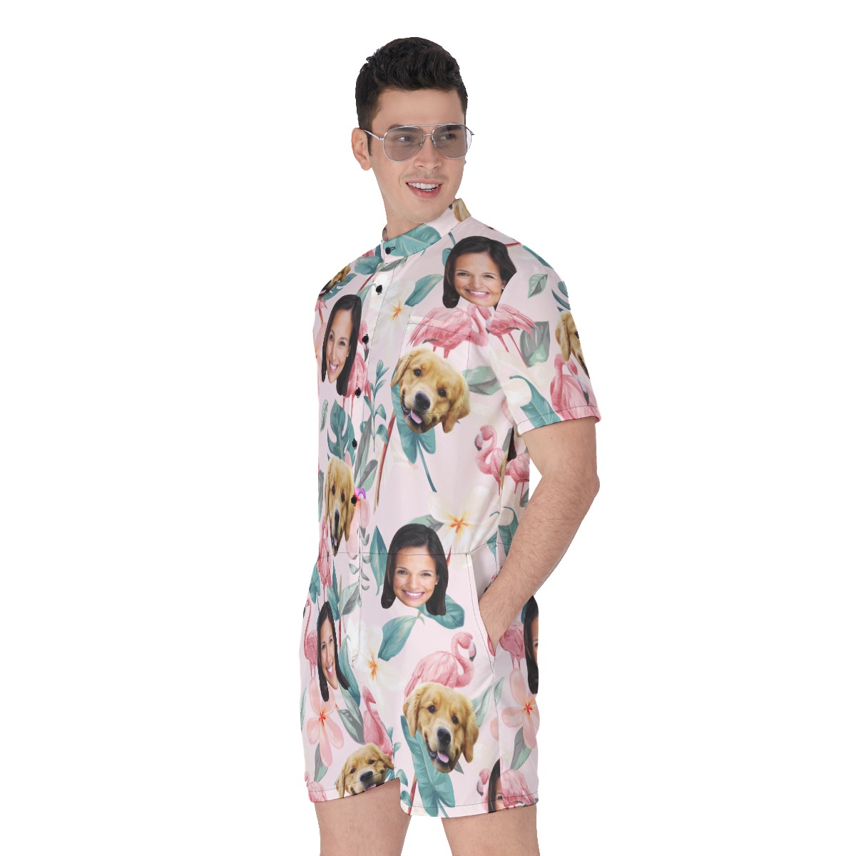 Men's Floral Custom Dog And Owner Face Hawaiian Romper