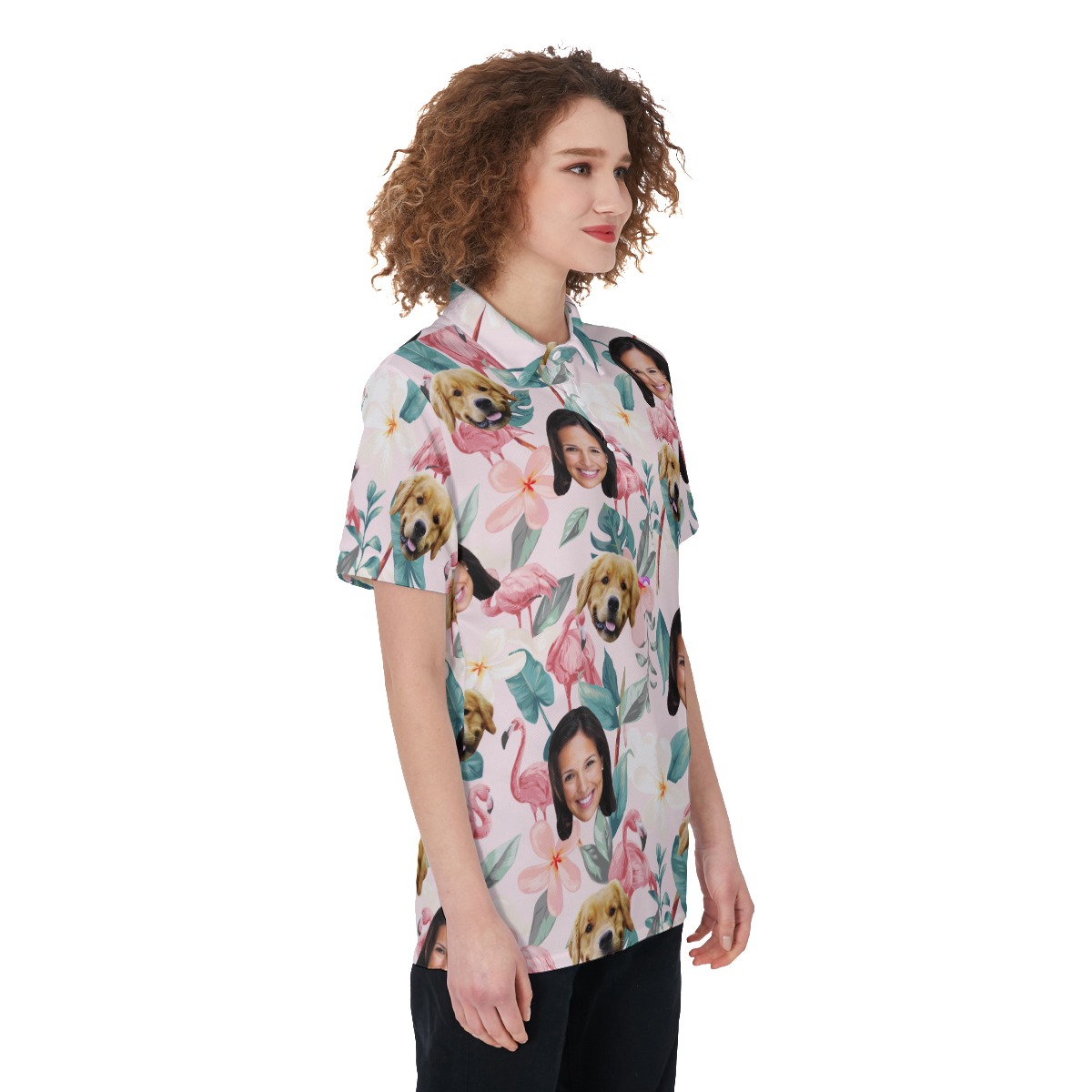 Floral Custom Face Polo Hawaiian Shirt With Dog Face For Women