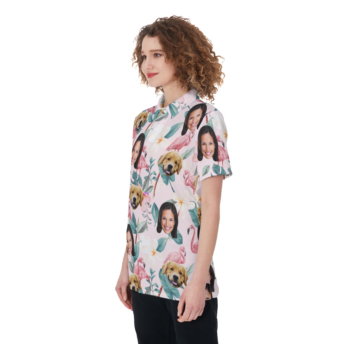 Floral Custom Face Polo Hawaiian Shirt With Dog Face For Women