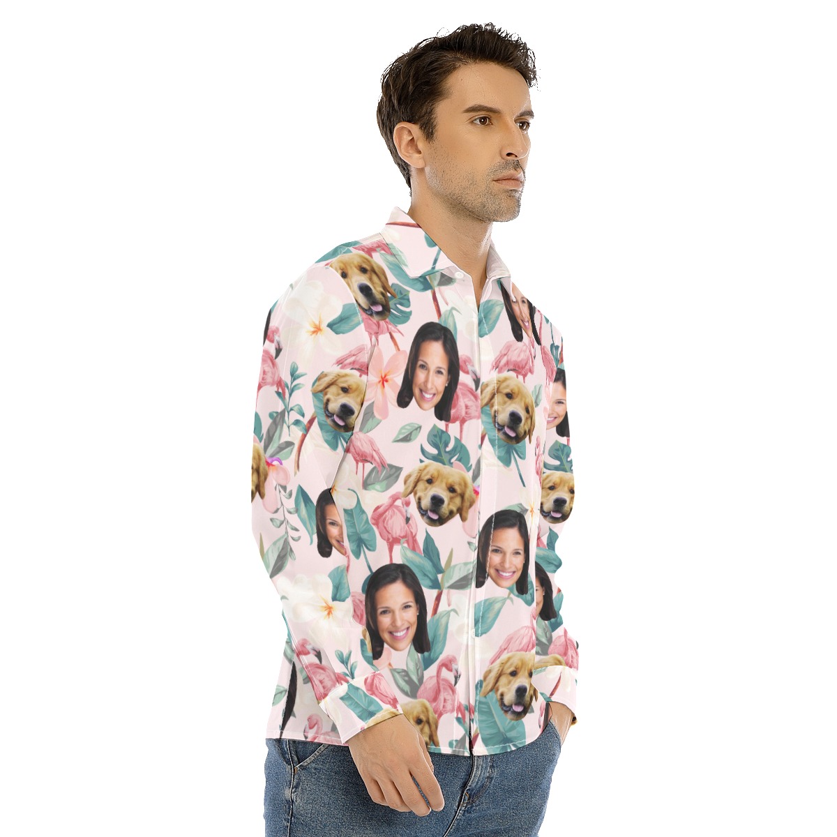 Floral Custom Face And Dog Long Sleeve Hawaiian Shirt For Men