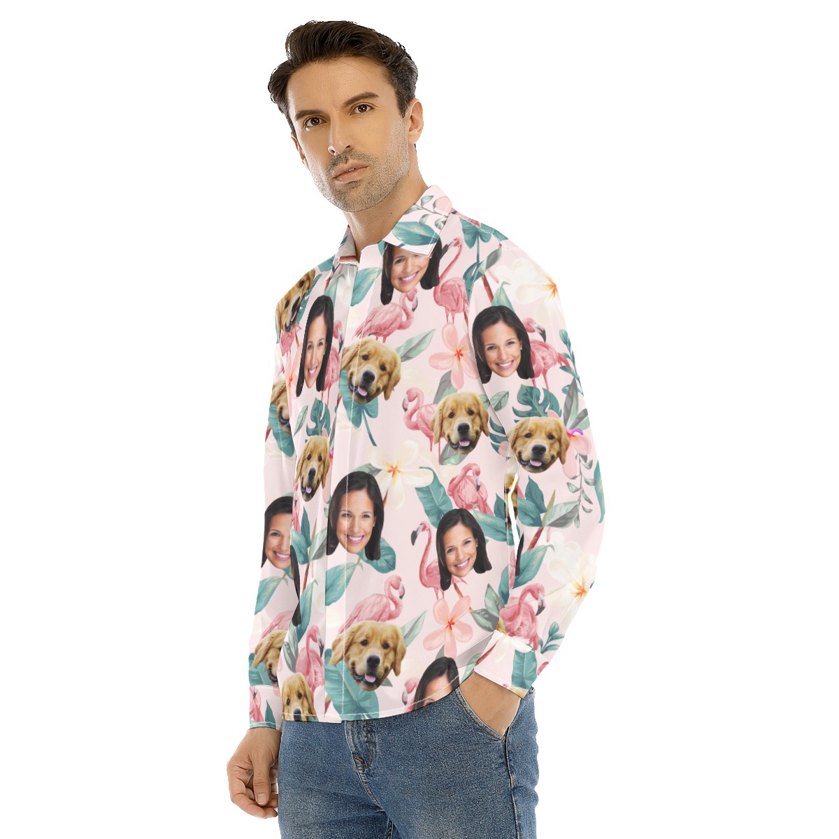 Floral Custom Face And Dog Long Sleeve Hawaiian Shirt For Men