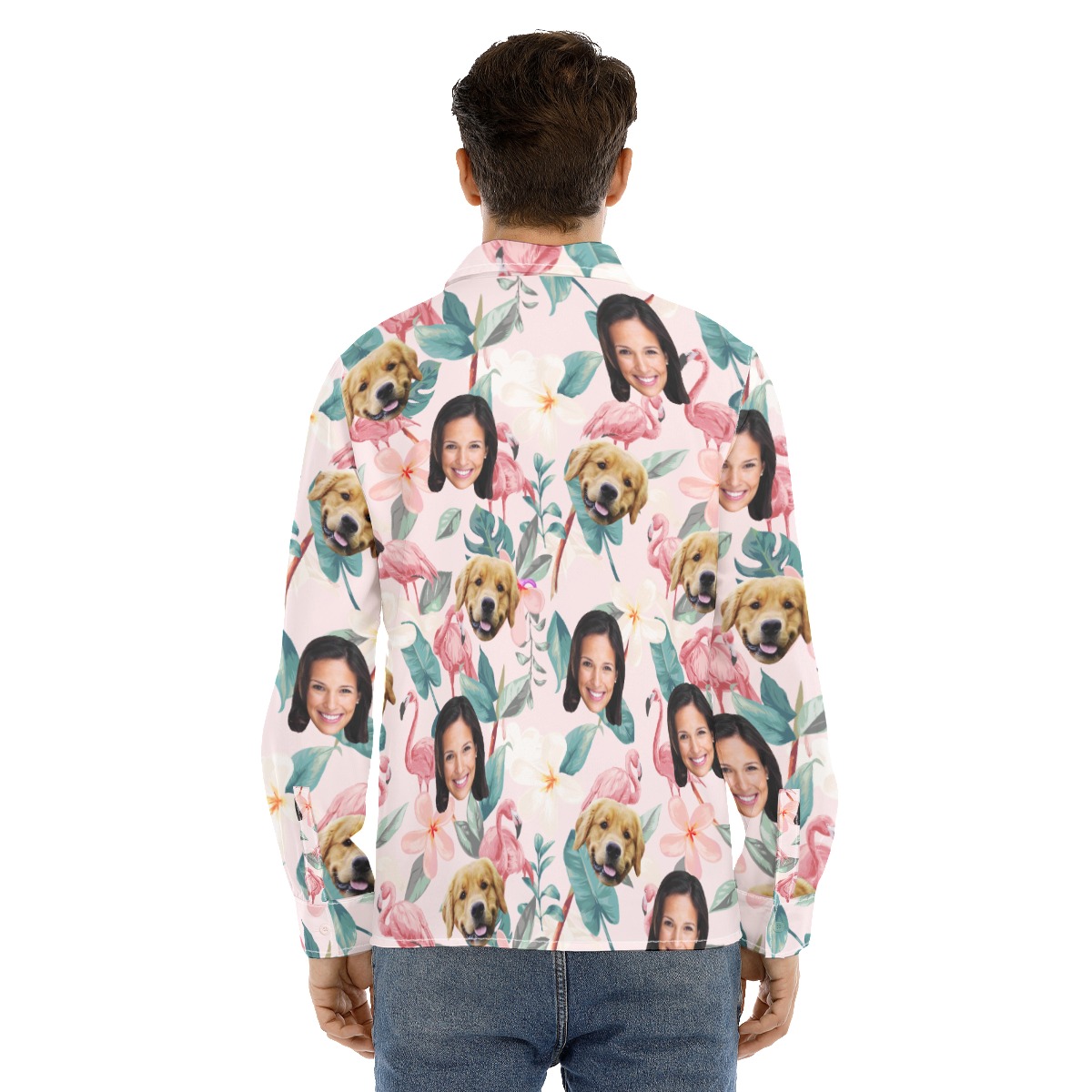 Floral Custom Face And Dog Long Sleeve Hawaiian Shirt For Men