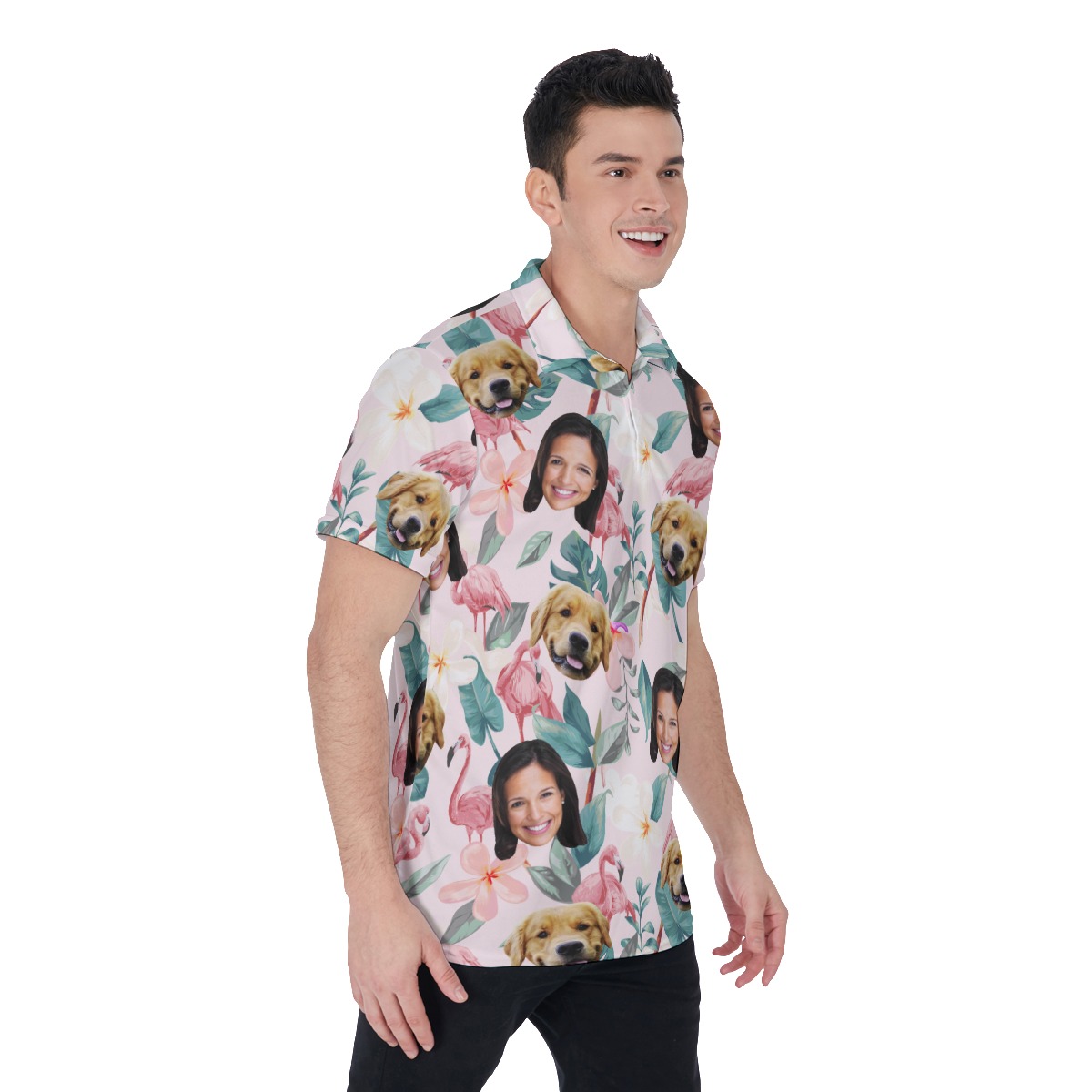 Floral Custom Face And Dog Polo Hawaiian Shirt For Men