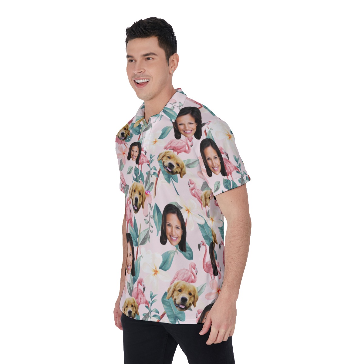 Floral Custom Face And Dog Polo Hawaiian Shirt For Men