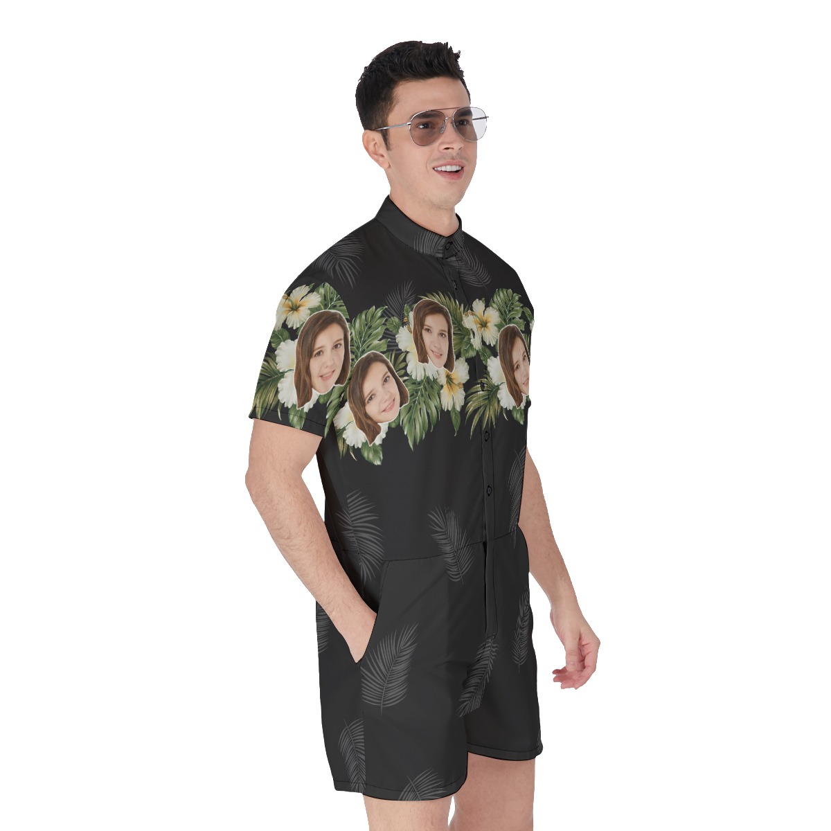 Hibiscus Black Beach Romper With Custom Face
