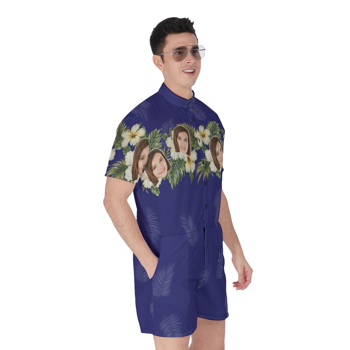 Blue Tropical Men's Hawaiian Romper With Custom Face