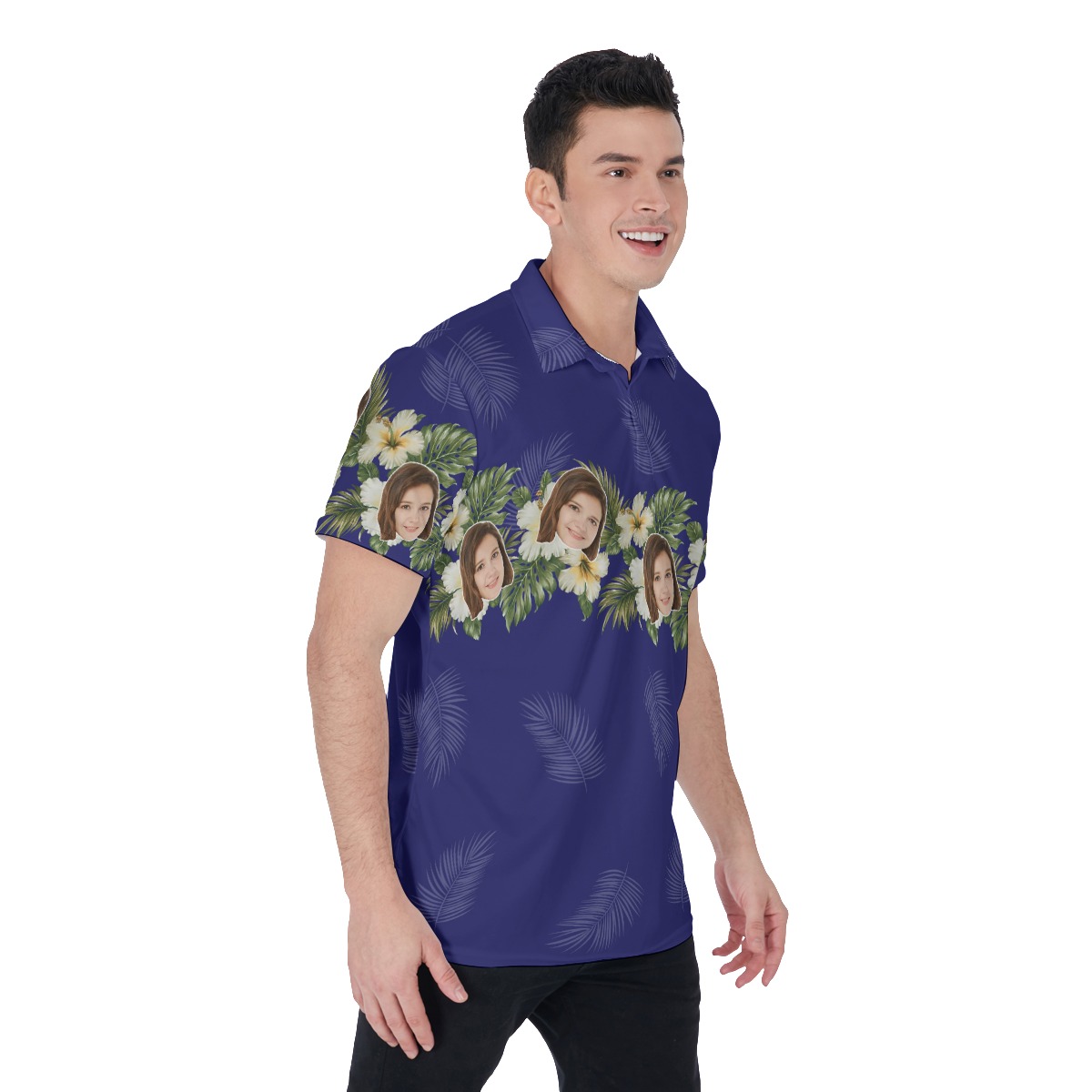 Blue Floral Men's Polo Shirt With Custom Face
