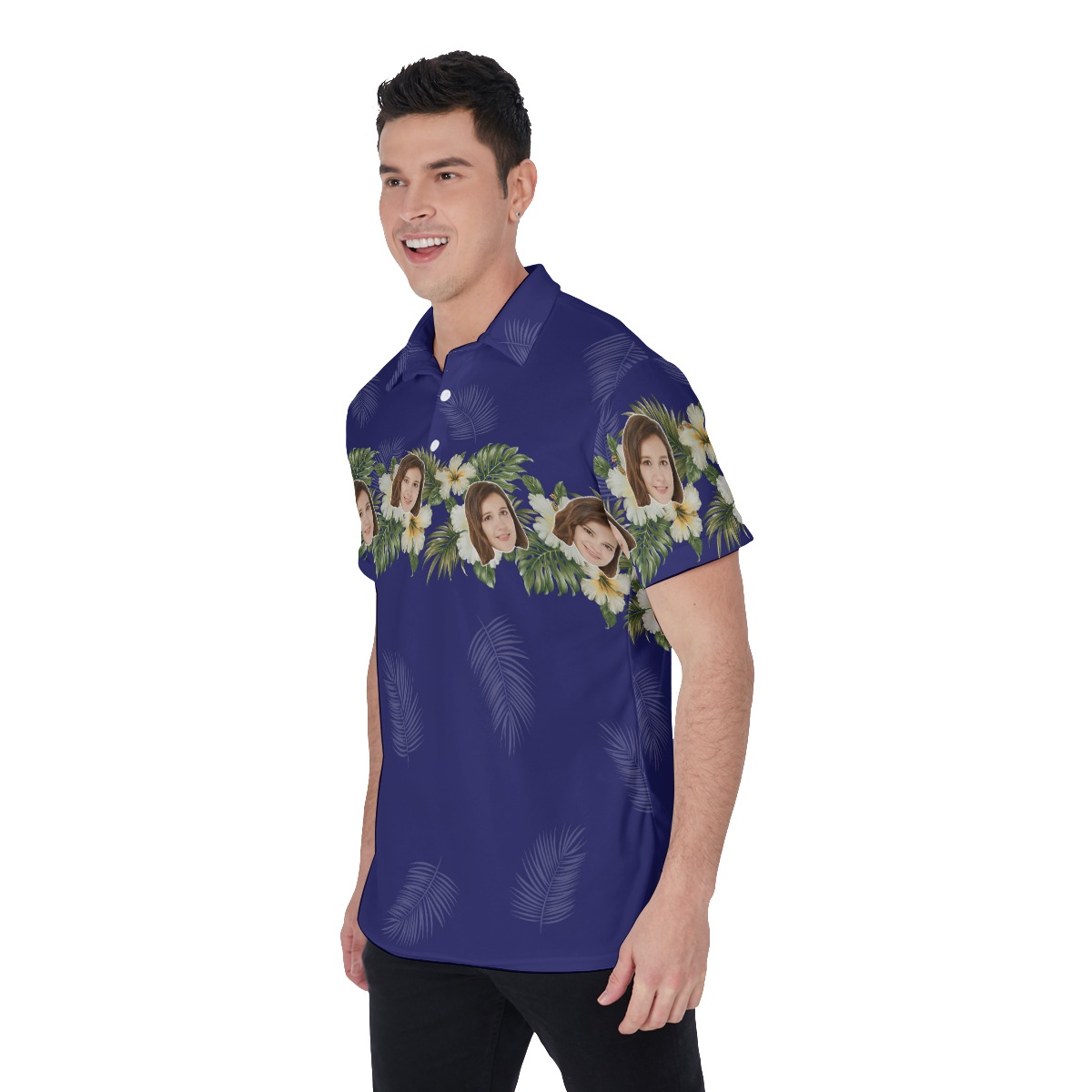 Blue Floral Men's Polo Shirt With Custom Face