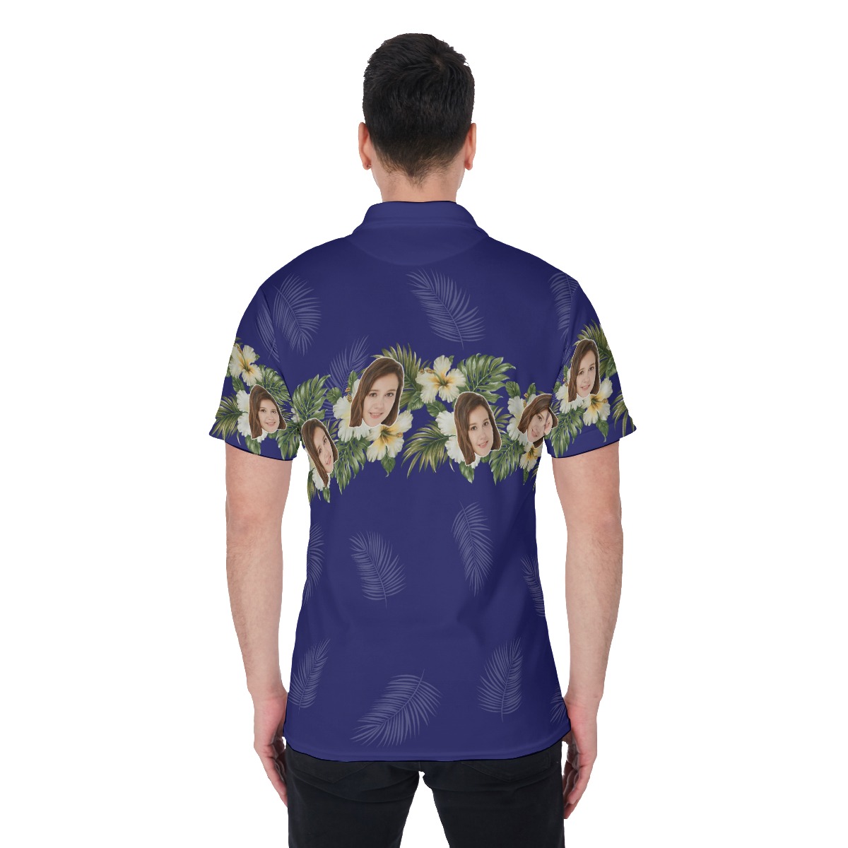 Blue Floral Men's Polo Shirt With Custom Face
