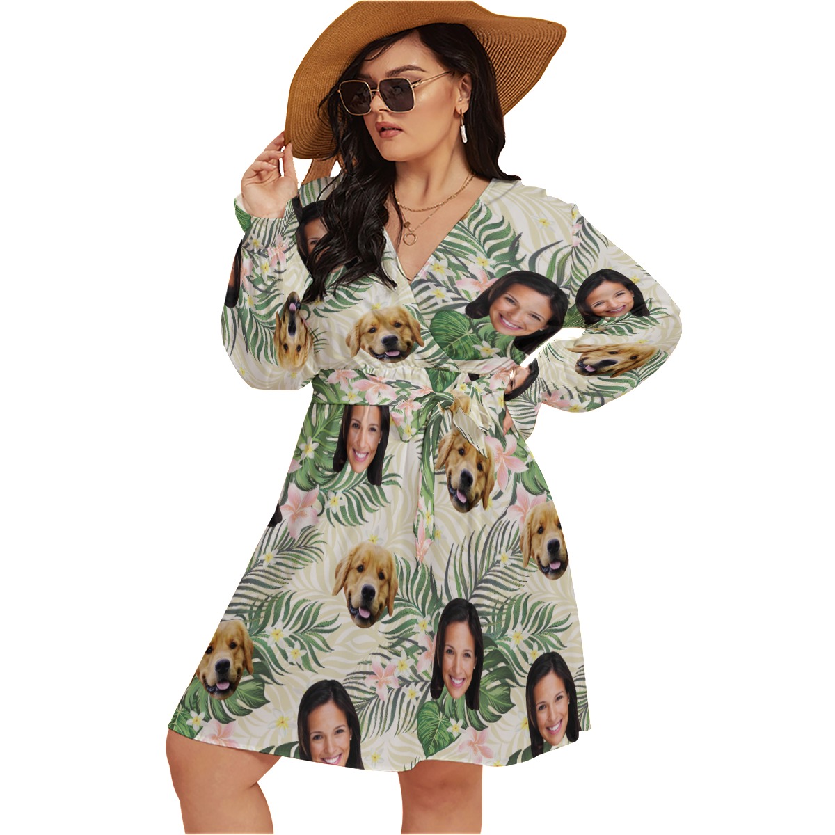 Floral Personalized With Dog Hawaiian V-neck Oversized Dress