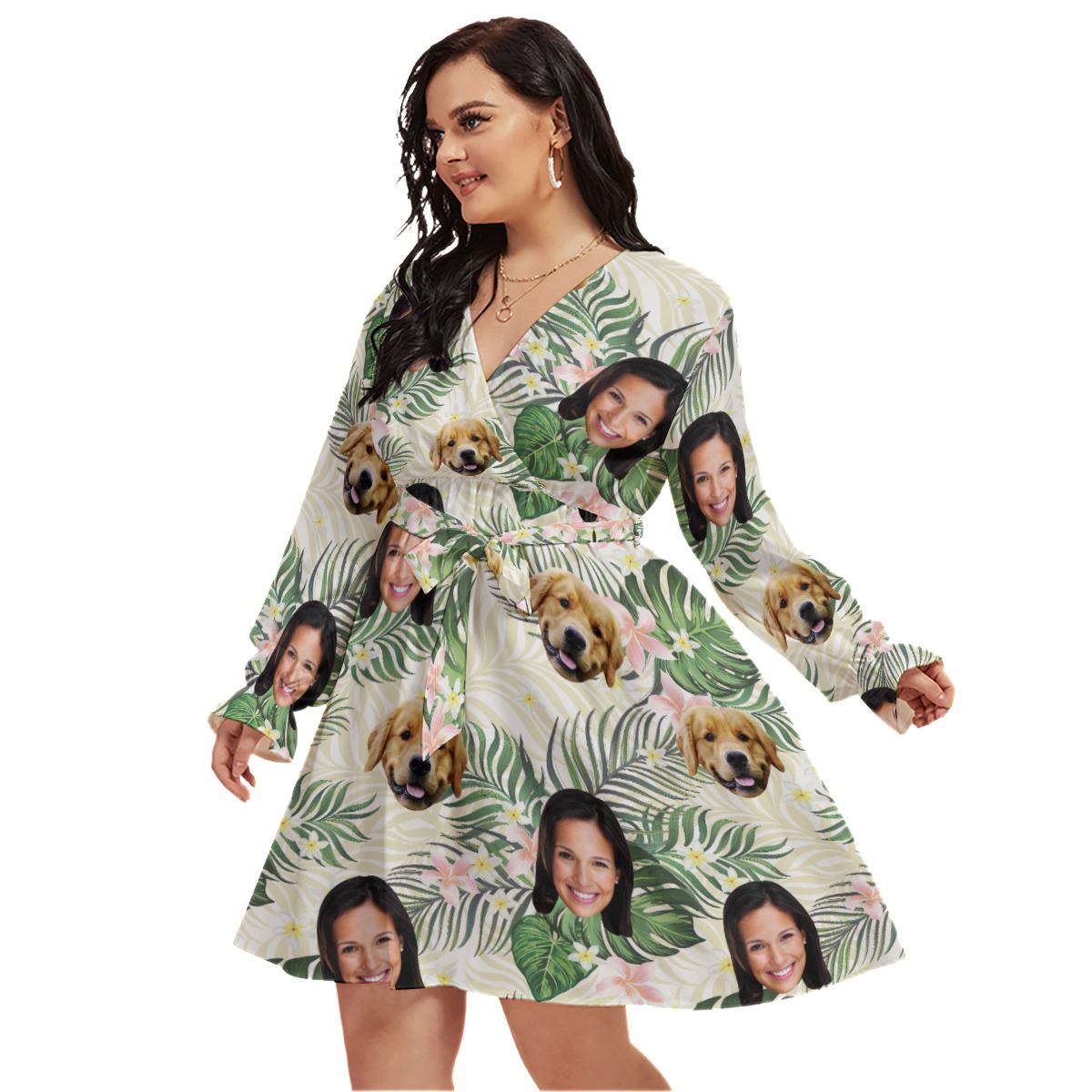 Floral Personalized With Dog Hawaiian V-neck Oversized Dress