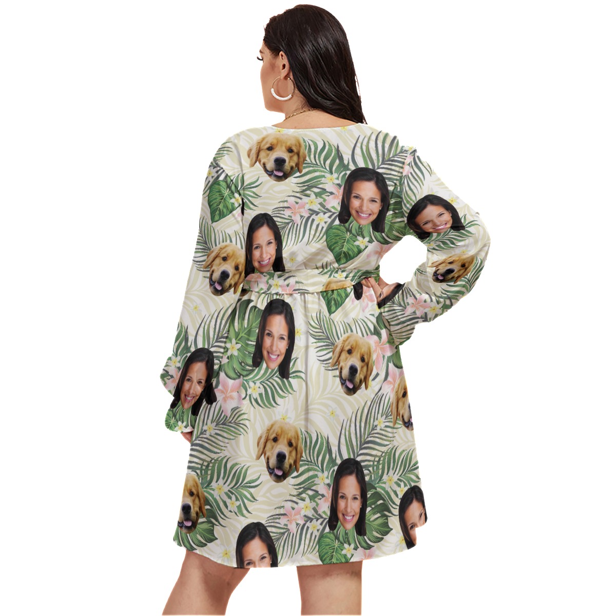 Floral Personalized With Dog Hawaiian V-neck Oversized Dress