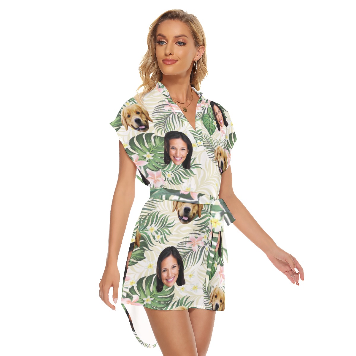Women's Floral Customize And Dog Hawaiian Dress With Belt