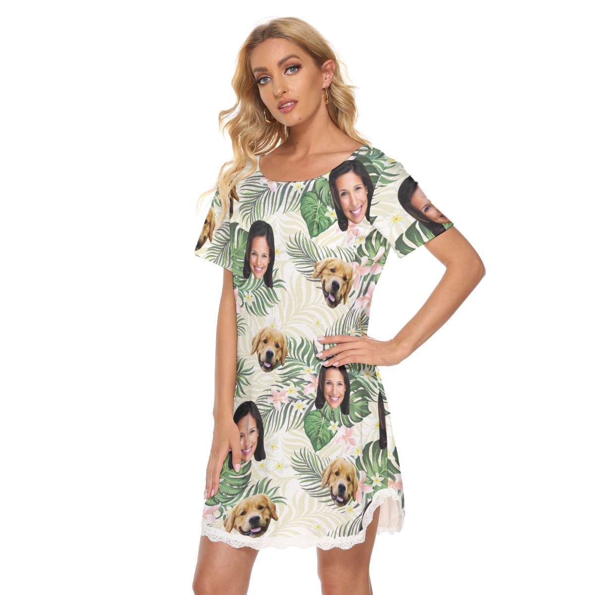 Custom Dog And Owner Floral Hawaiian Lace Dress For Women
