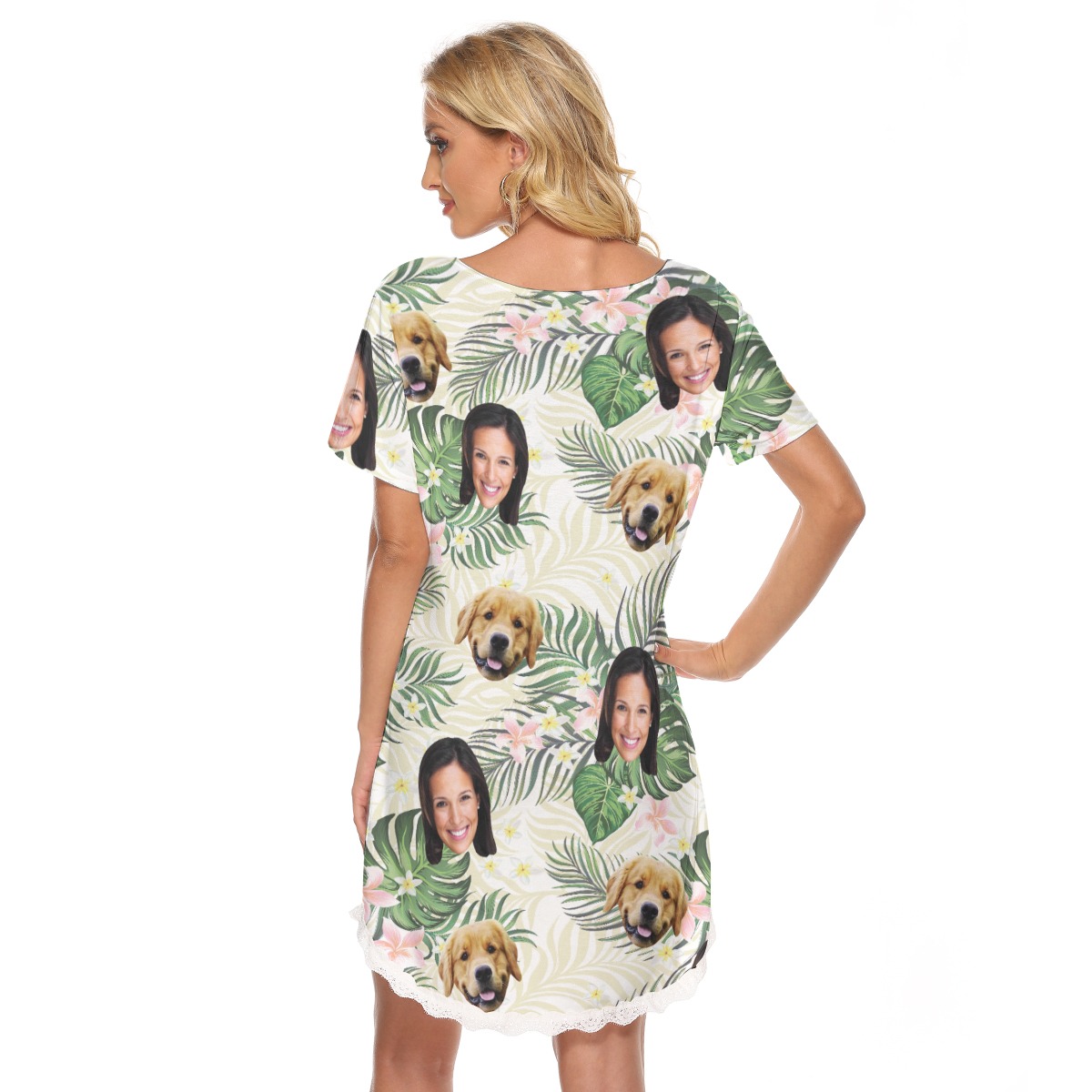Custom Dog And Owner Floral Hawaiian Lace Dress For Women