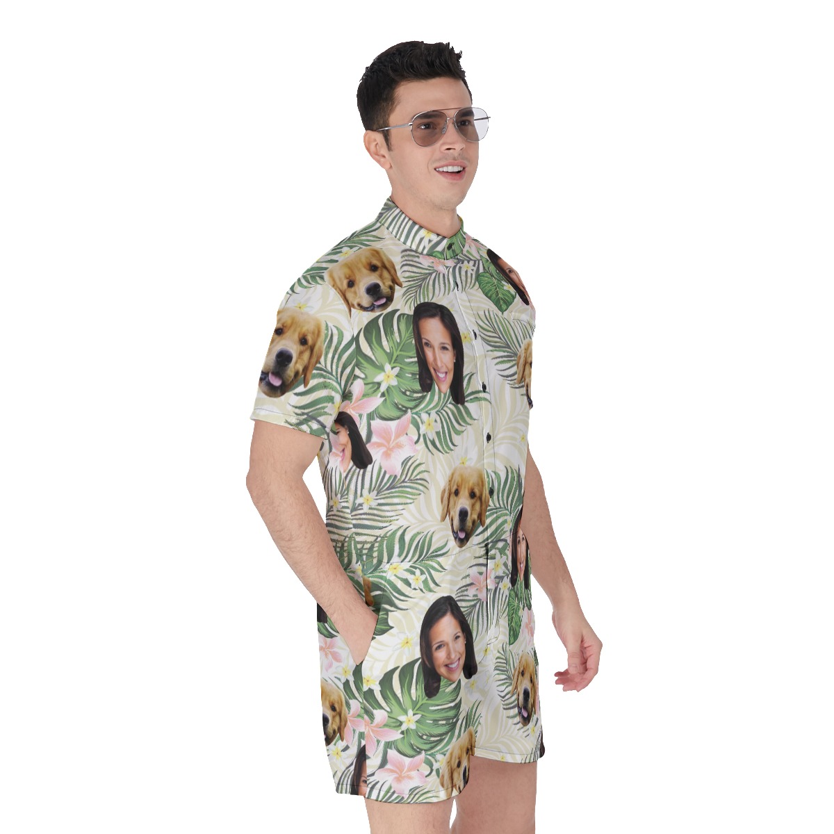 Floral Custom Dog And Owner Face Hawaiian Romper For Men
