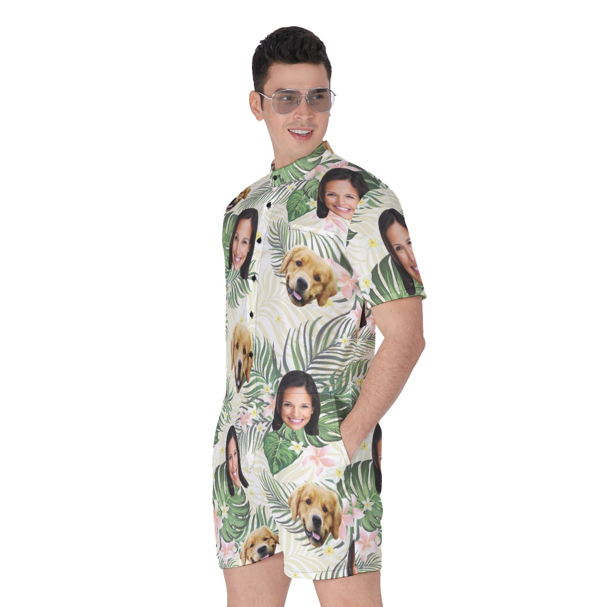 Floral Custom Dog And Owner Face Hawaiian Romper For Men