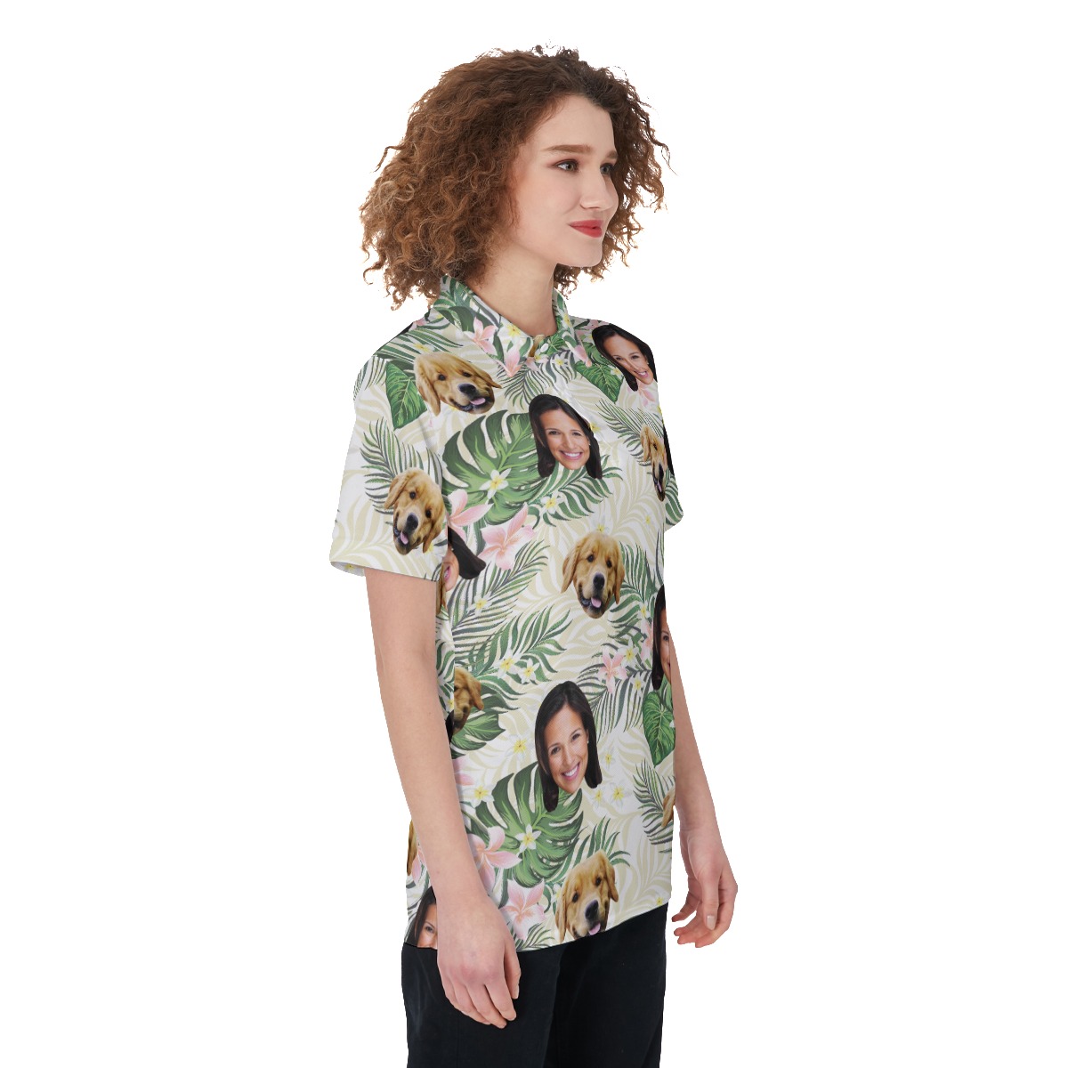 Women's Floral Custom Face Polo Hawaiian Shirt With Dog Face