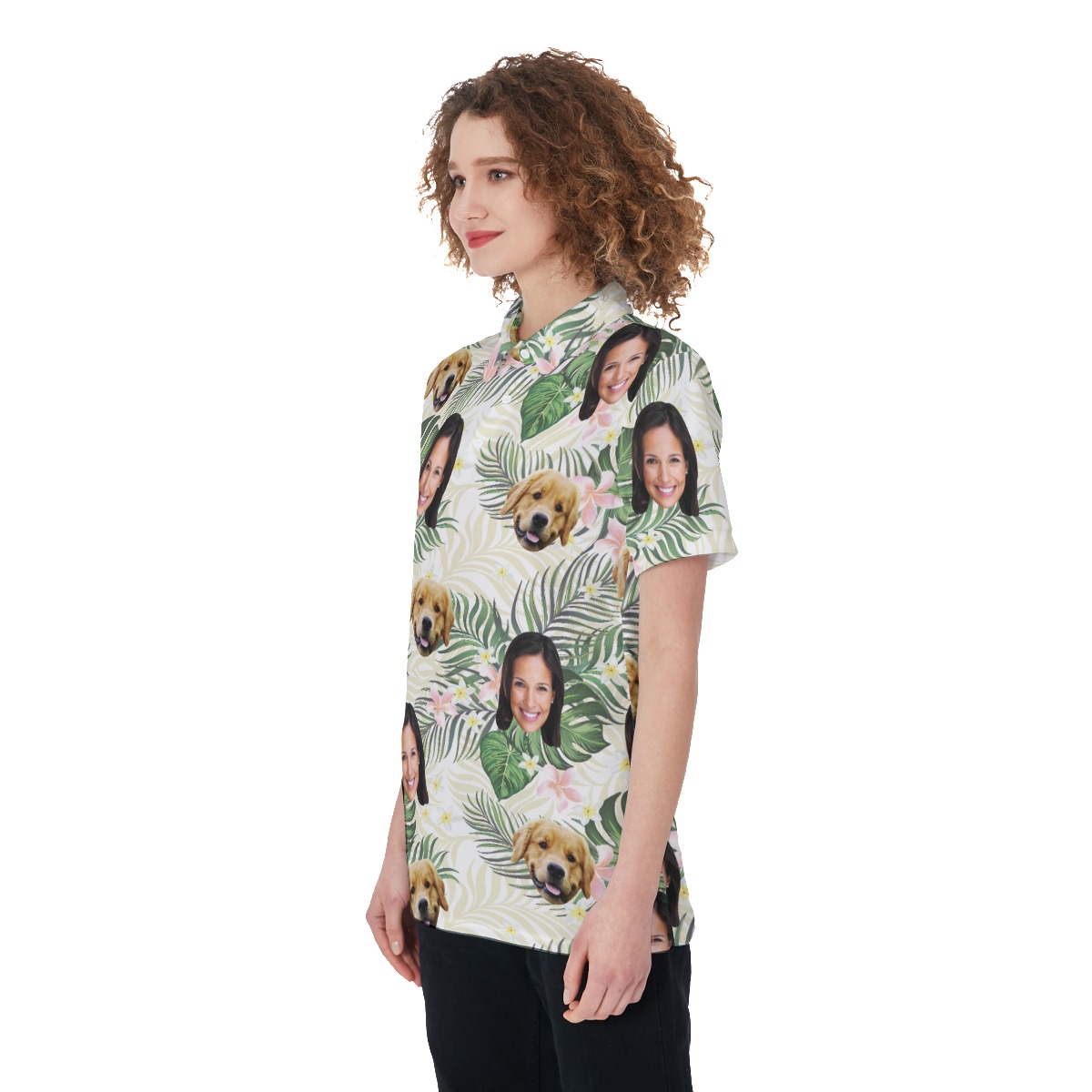 Women's Floral Custom Face Polo Hawaiian Shirt With Dog Face