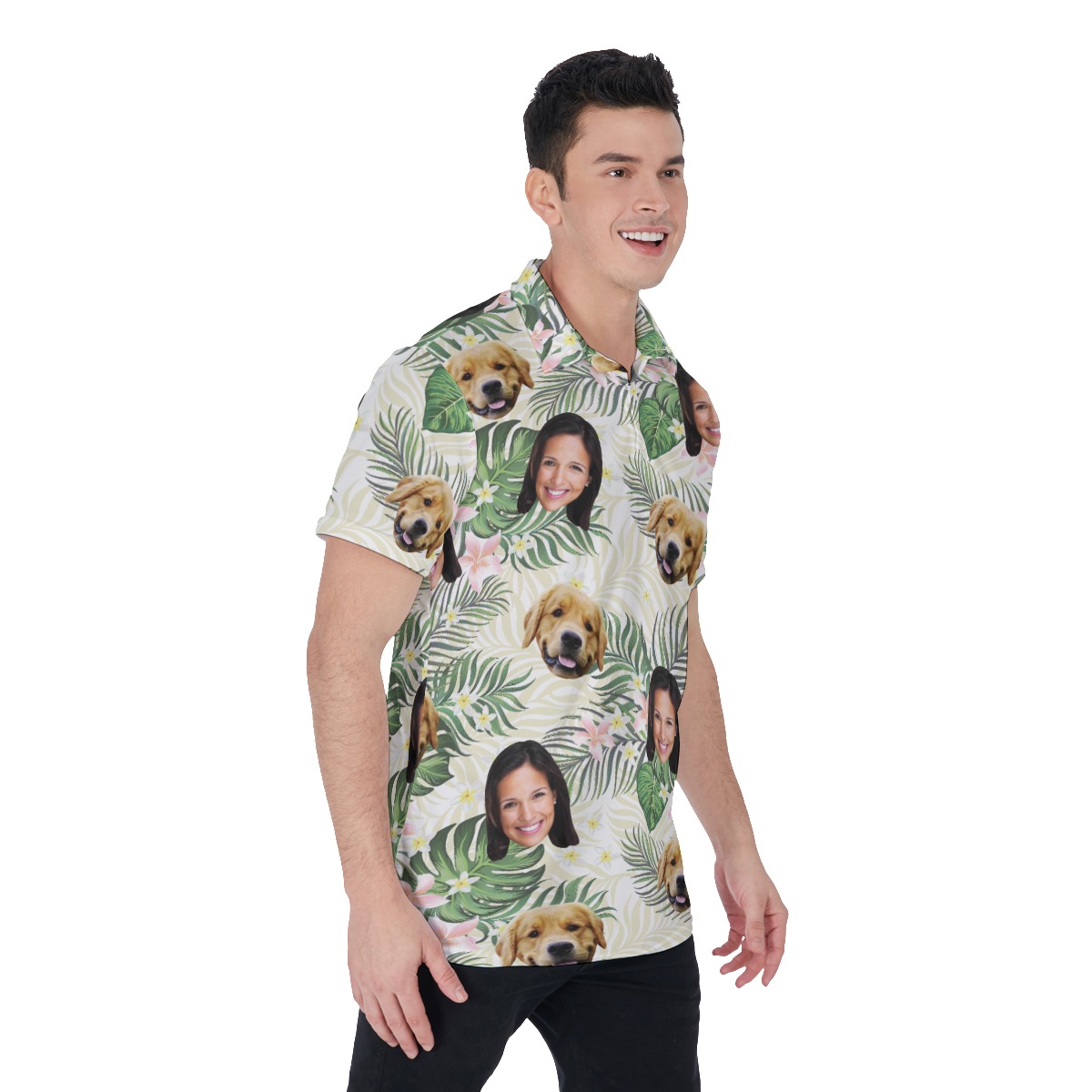 Men's Custom Face And Dog Floral Polo Hawaiian Shirt