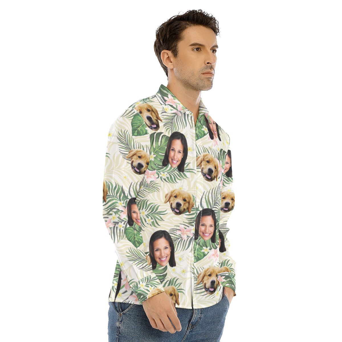 Men's Floral Custom Face And Dog Long Sleeve Hawaiian Shirt