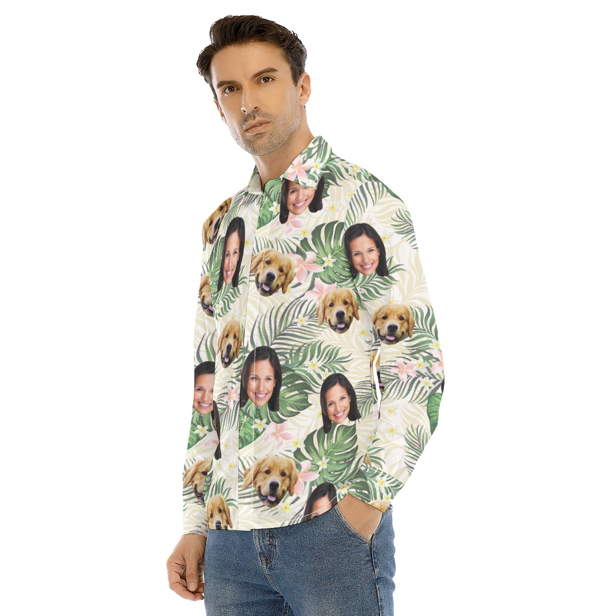 Men's Floral Custom Face And Dog Long Sleeve Hawaiian Shirt
