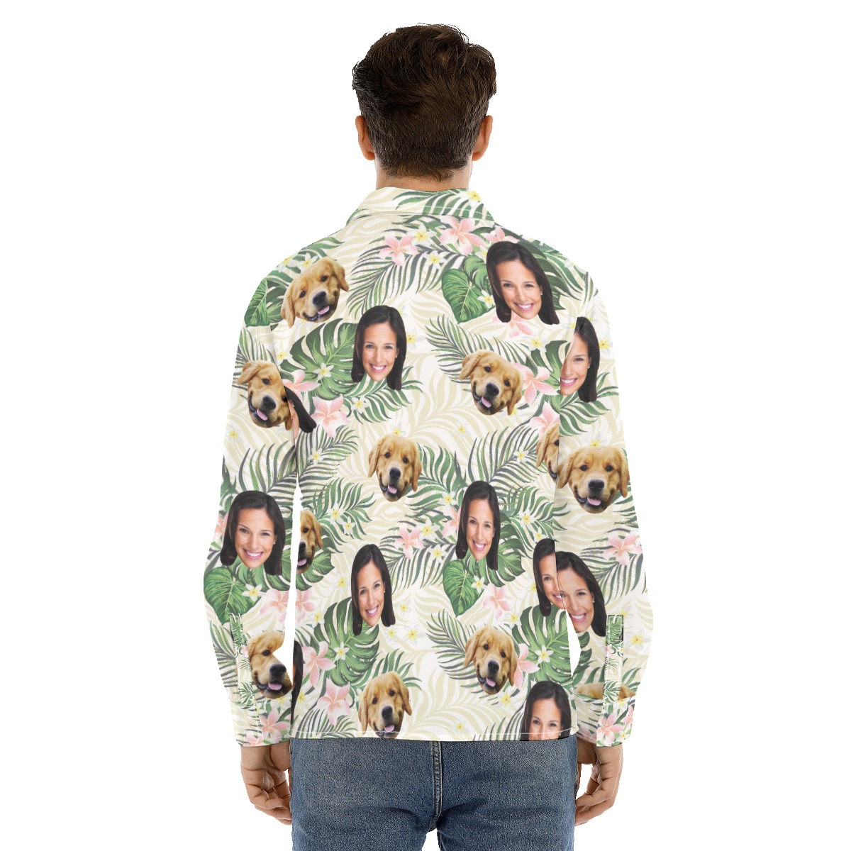 Men's Floral Custom Face And Dog Long Sleeve Hawaiian Shirt