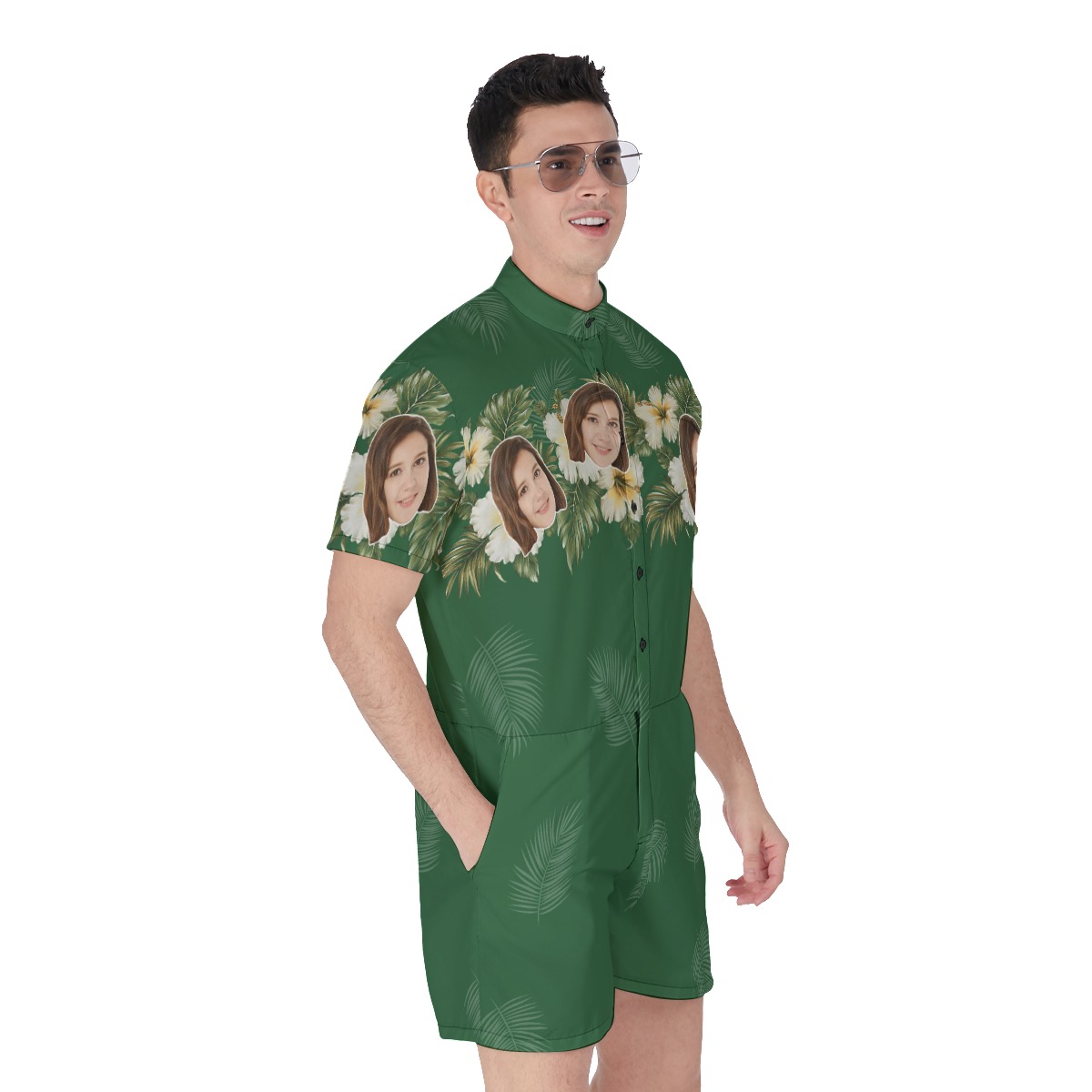 Green Men's Hawaiian Romper With Custom Face