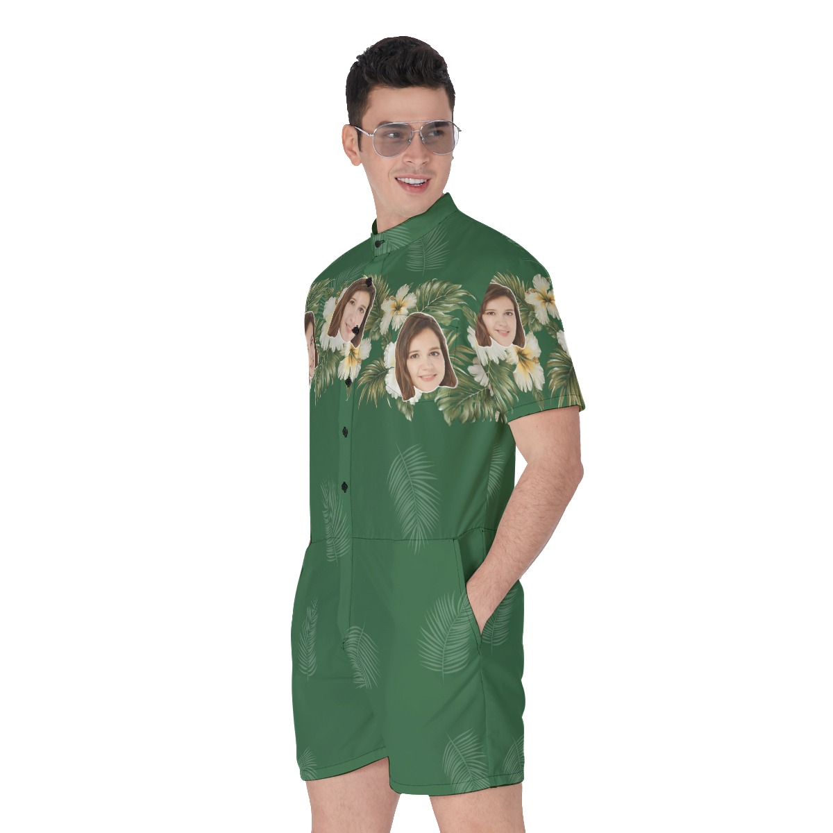 Green Men's Hawaiian Romper With Custom Face