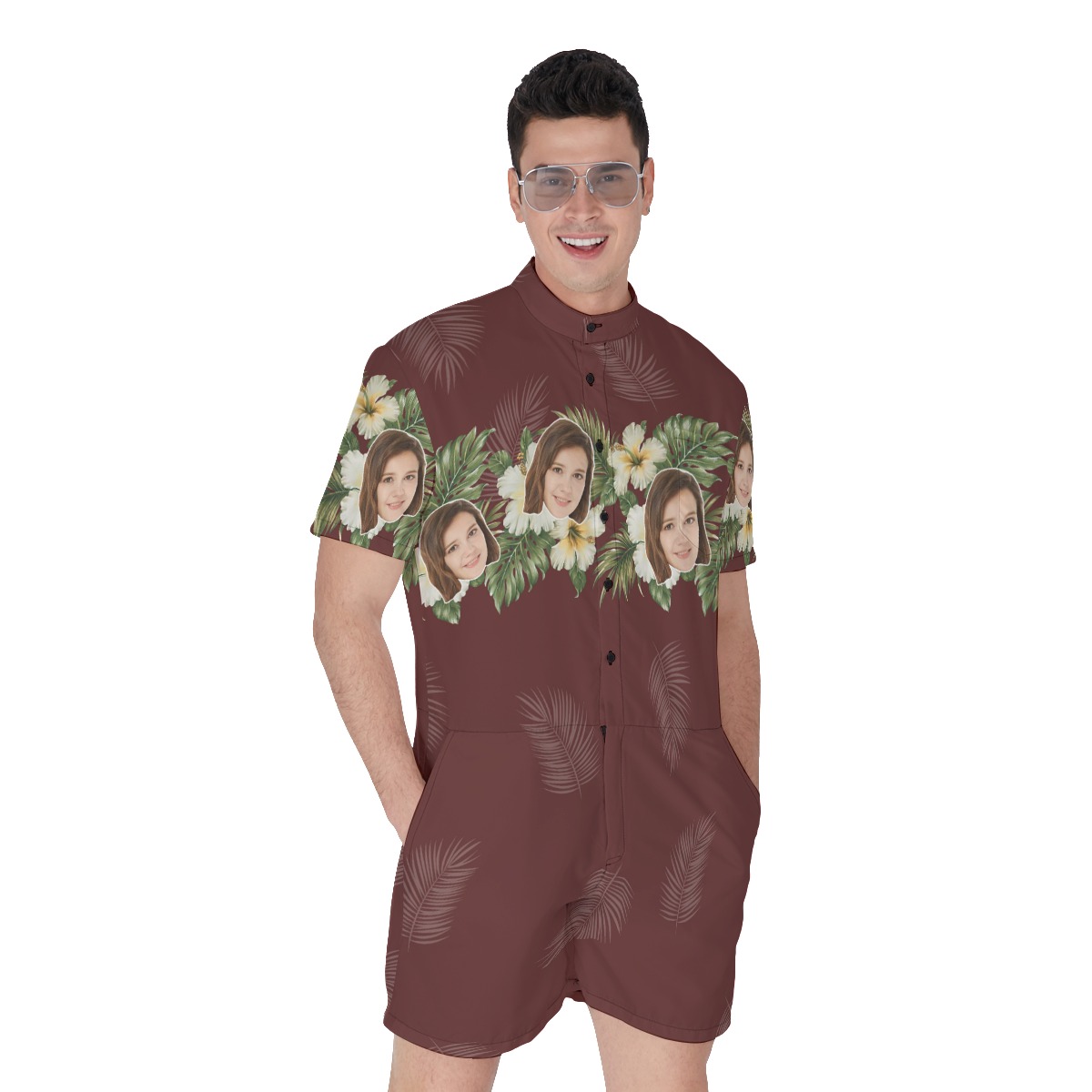Funny Custom Face Flower Men's Hawaiian Romper - variant image 1