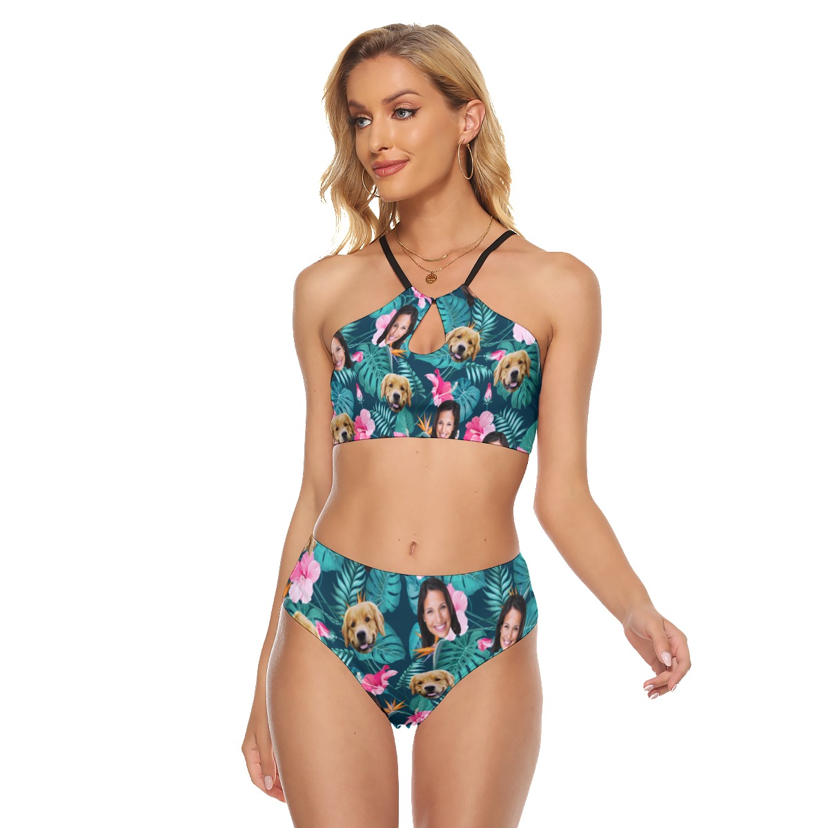 Women's Custom Face And Dog Floral Hawaiian Two-piece Swimsuit - variant image 1