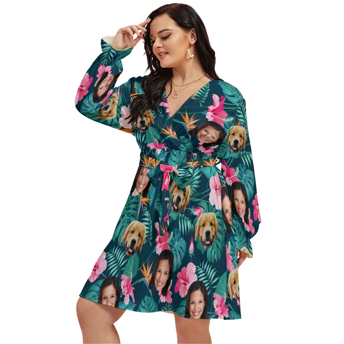 Personalized With Dog Floral Hawaiian V-neck Oversized Dress - variant image 1