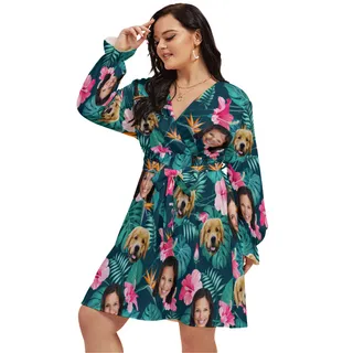 Personalized With Dog Floral Hawaiian V-neck Oversized Dress