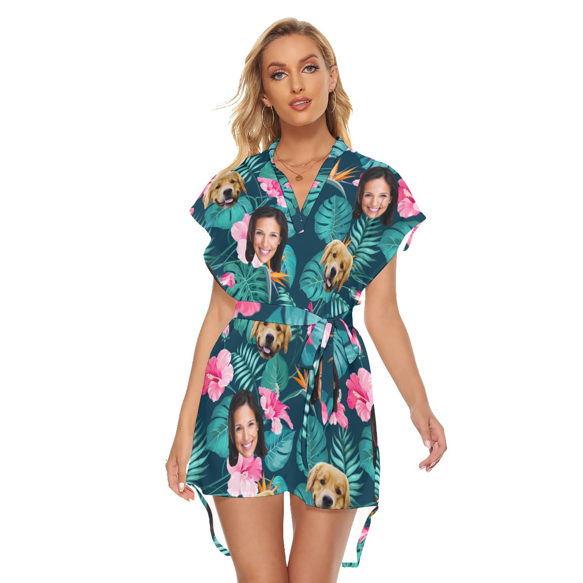 Women's Customize And Dog Floral Hawaiian Dress With Belt - variant image 1