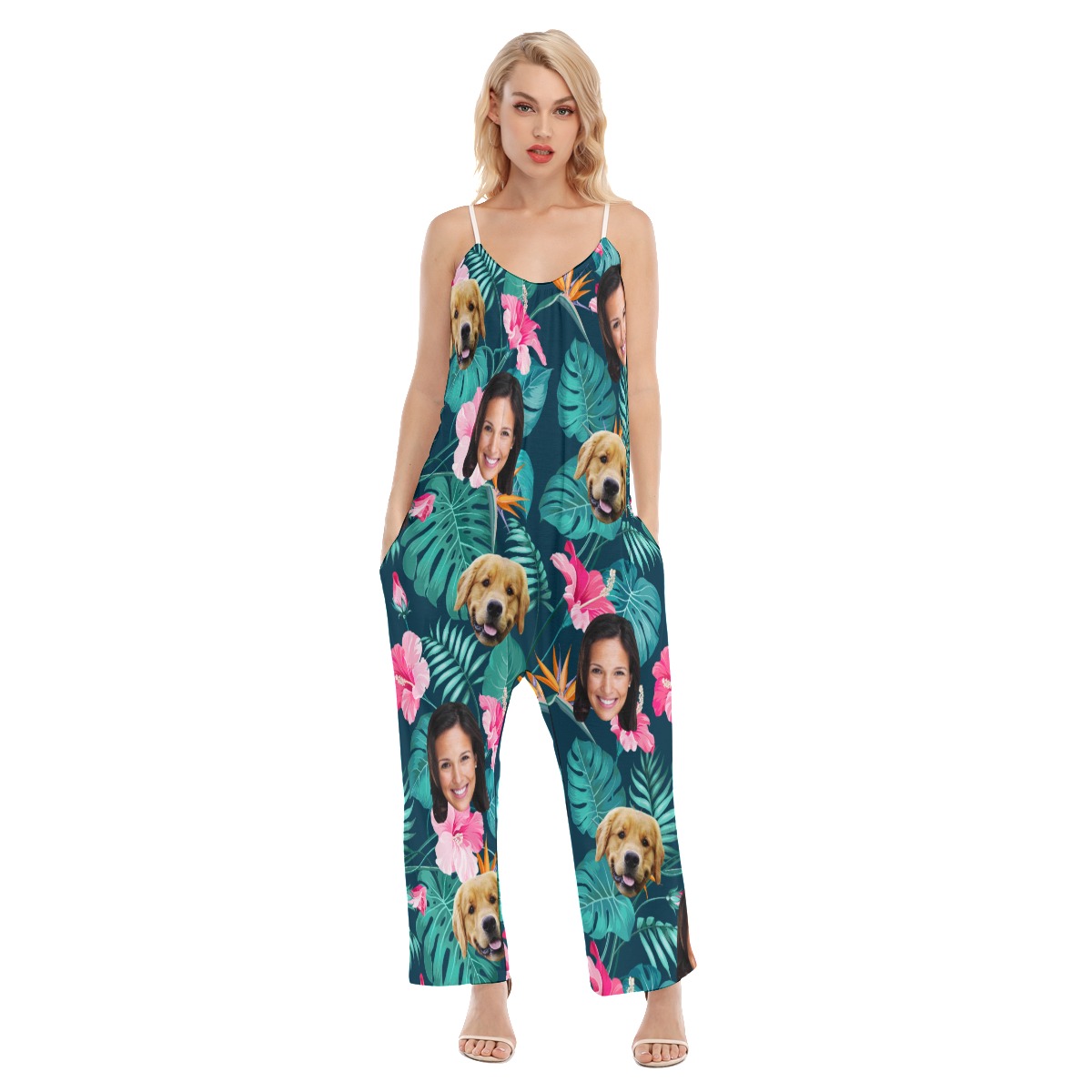 Floral Custom 2 Faces With Dog Women's Hawaiian Jumpsuit - variant image 1