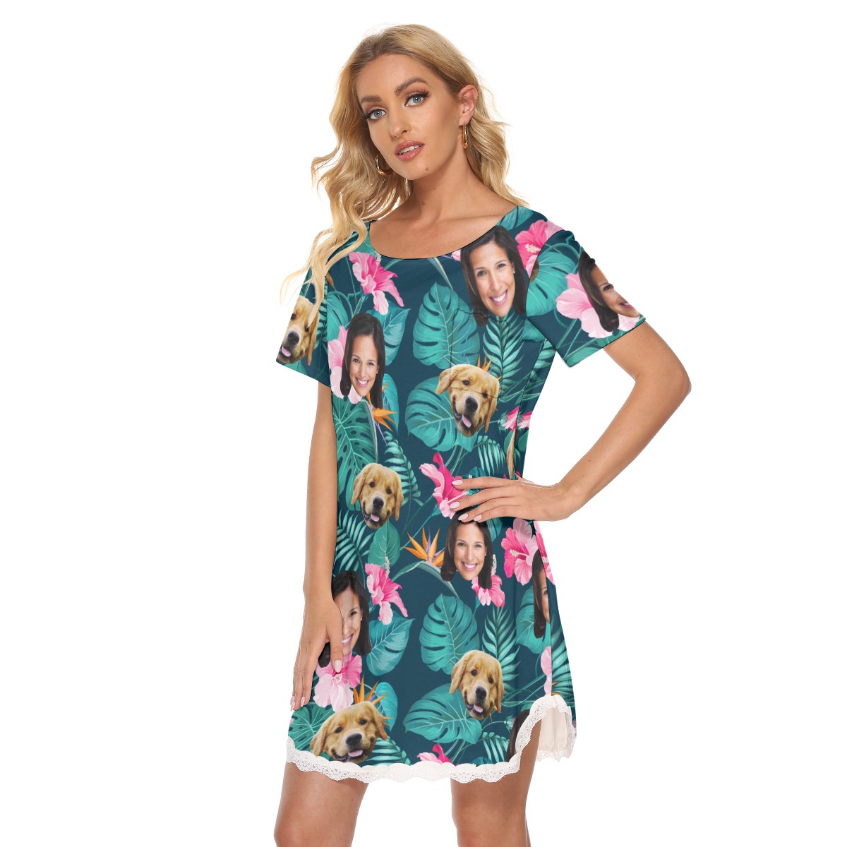 Floral Custom Dog And Owner Hawaiian Lace Dress For Women - variant image 1