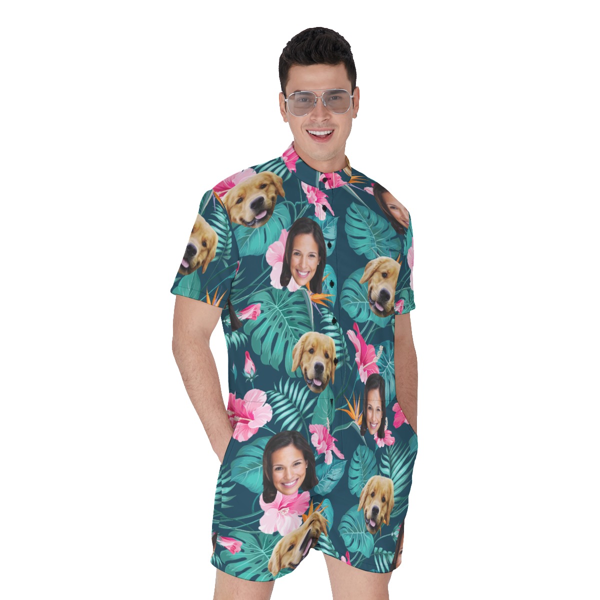 Custom Dog And Owner Face Floral Hawaiian Romper For Men - variant image 1