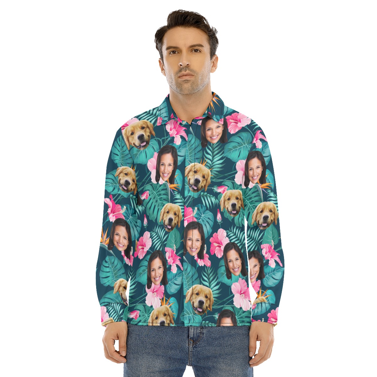 Men's Custom Face And Dog Floral Long Sleeve Hawaiian Shirt - variant image 1