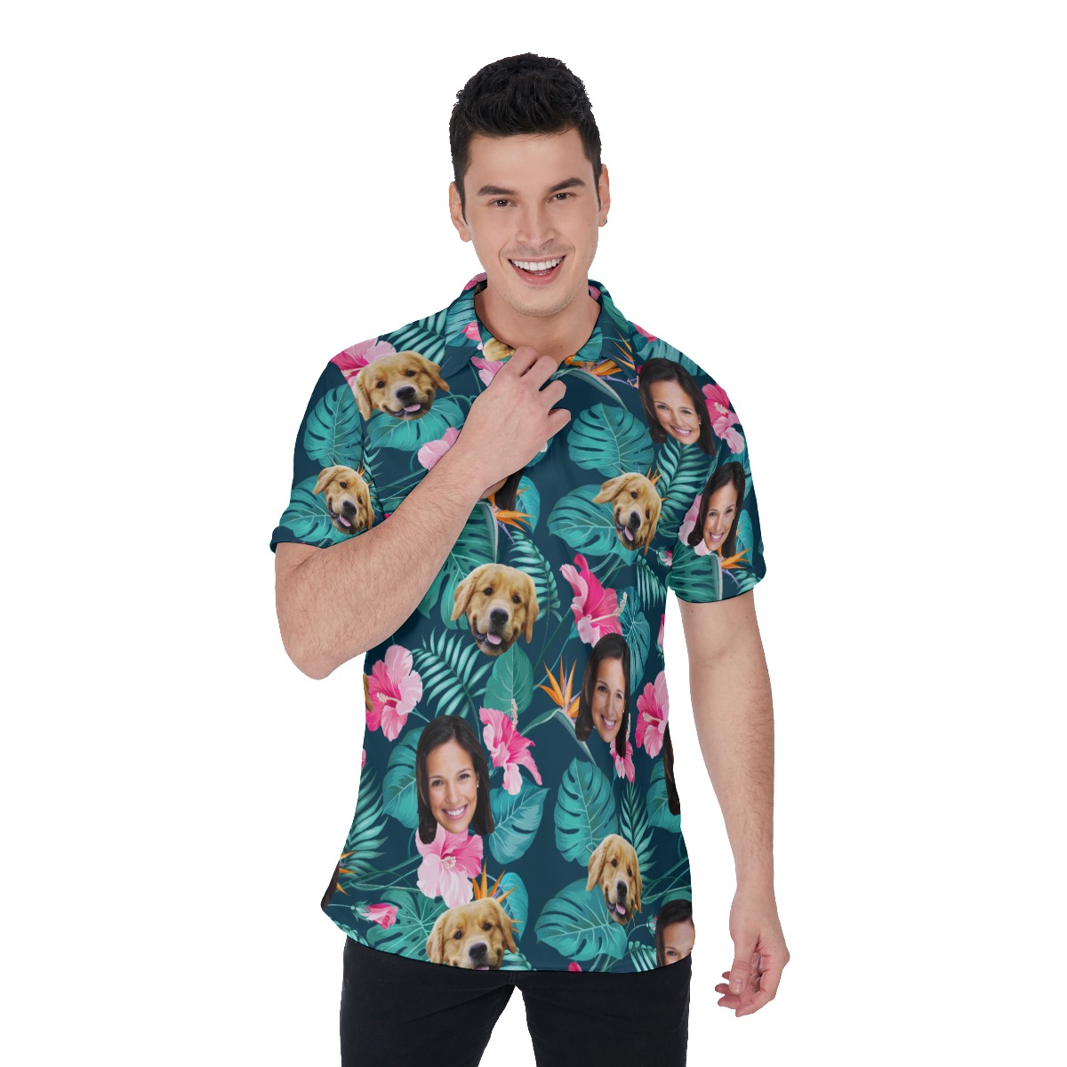 Custom Face And Dog Floral Polo Hawaiian Shirt For Men - variant image 1