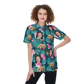 Women's Custom Face Floral Polo Hawaiian Shirt With Dog Face