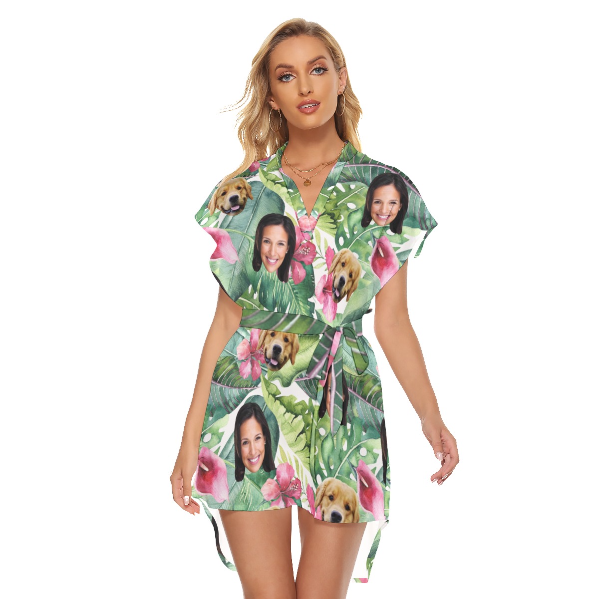Women's Customize And Dog Tropical Hawaiian Dress With Belt - variant image 1