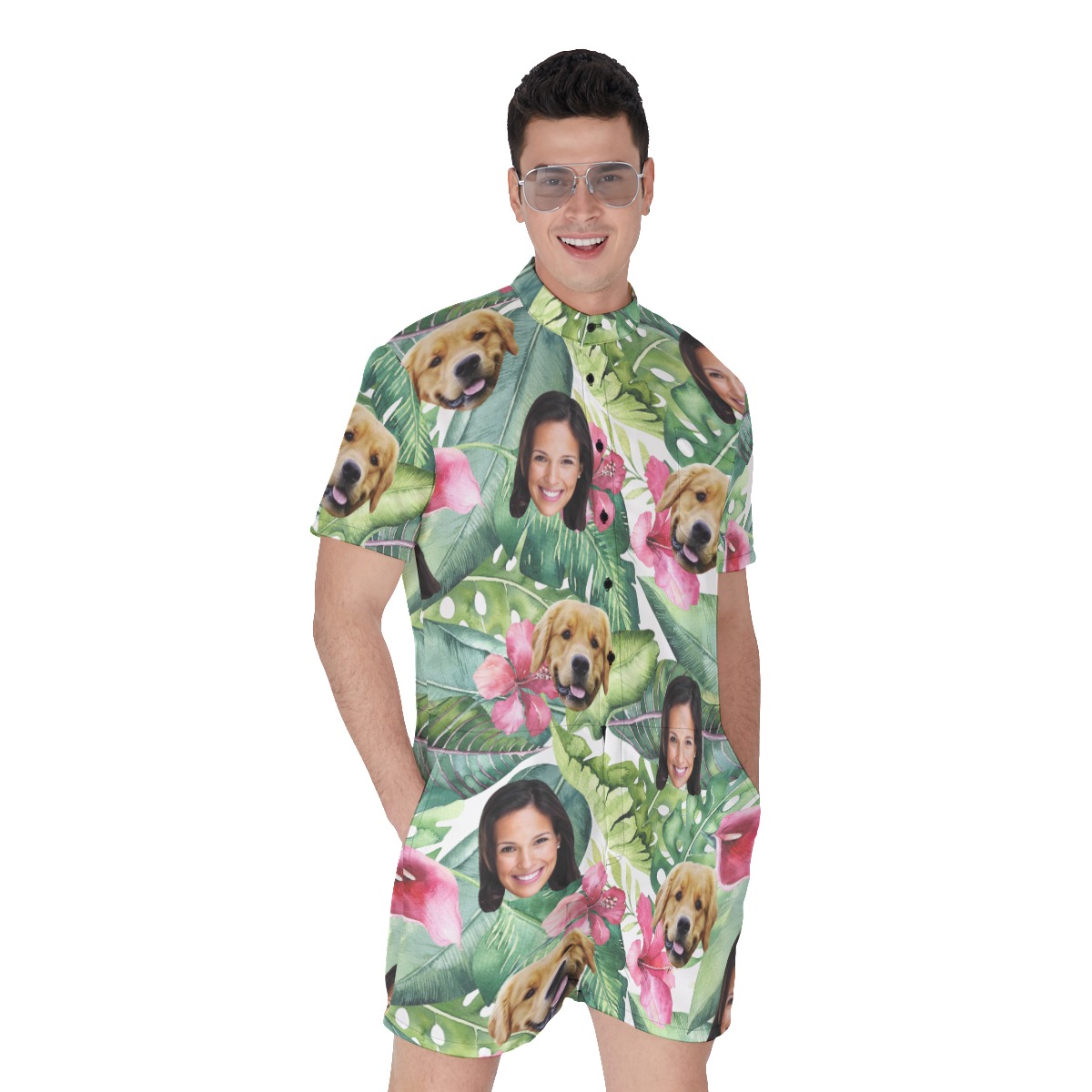 Custom Dog And Owner Face Tropical Hawaiian Romper For Men - variant image 1
