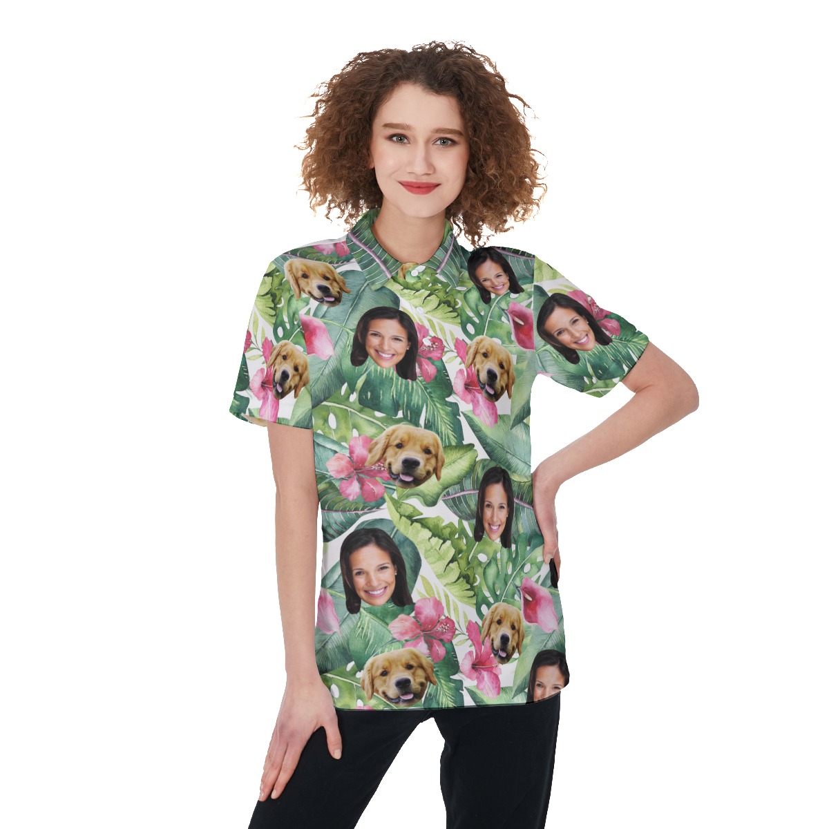 Women's Custom Face Tropical Polo Hawaiian Shirt With Dog Face - variant image 1