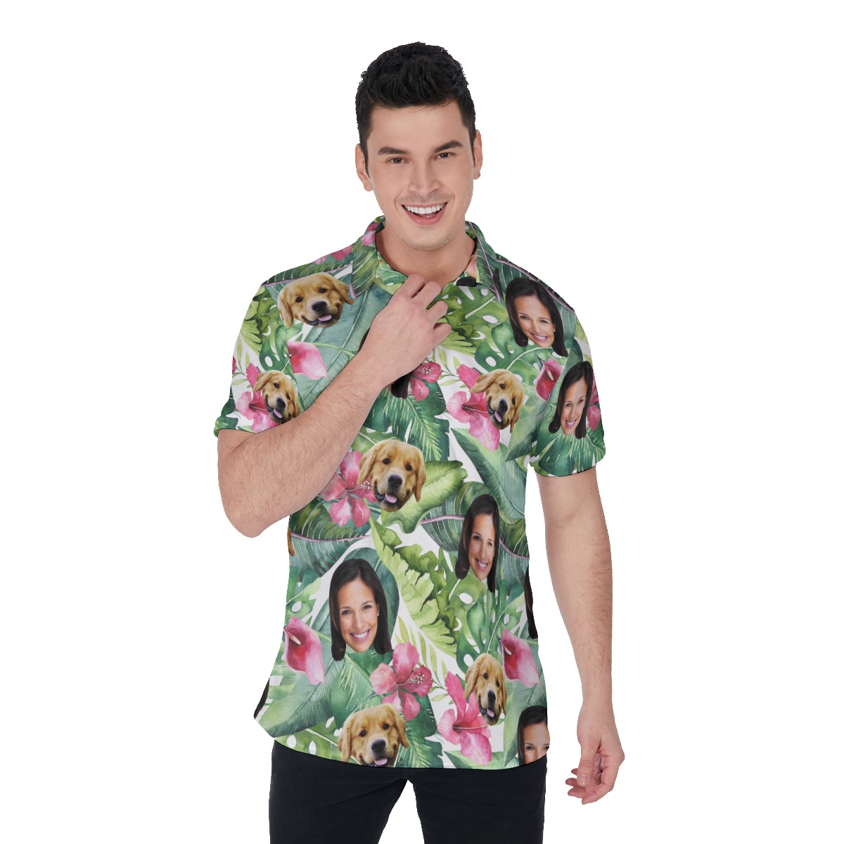 Custom Face And Dog Tropical Polo Hawaiian Shirt For Men - variant image 1