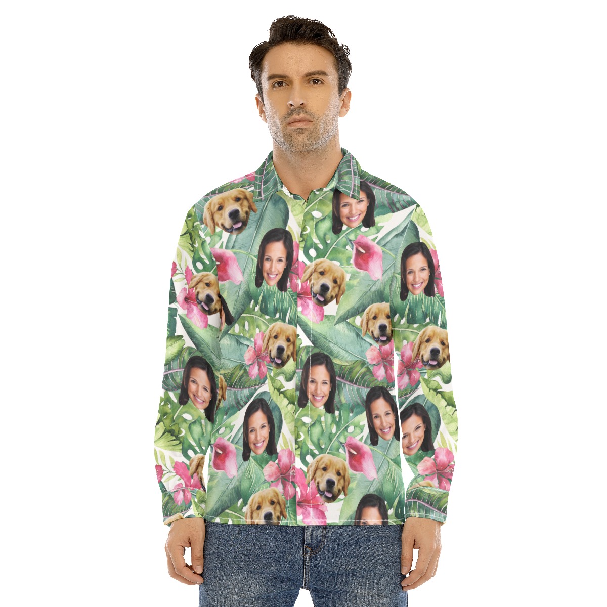Men's Custom Face And Dog Tropical Long Sleeve Hawaiian Shirt - variant image 1
