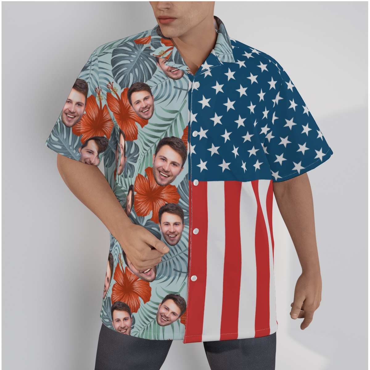 Floral Patriotic Custom Face Blue Hawaiian Shirt - variant image 1